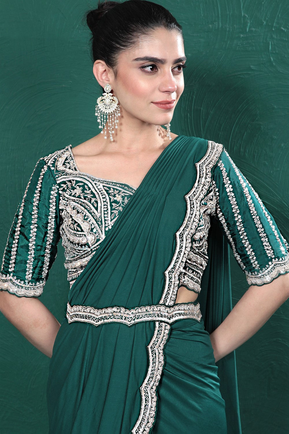 Deep Green Embellished Spandex Saree