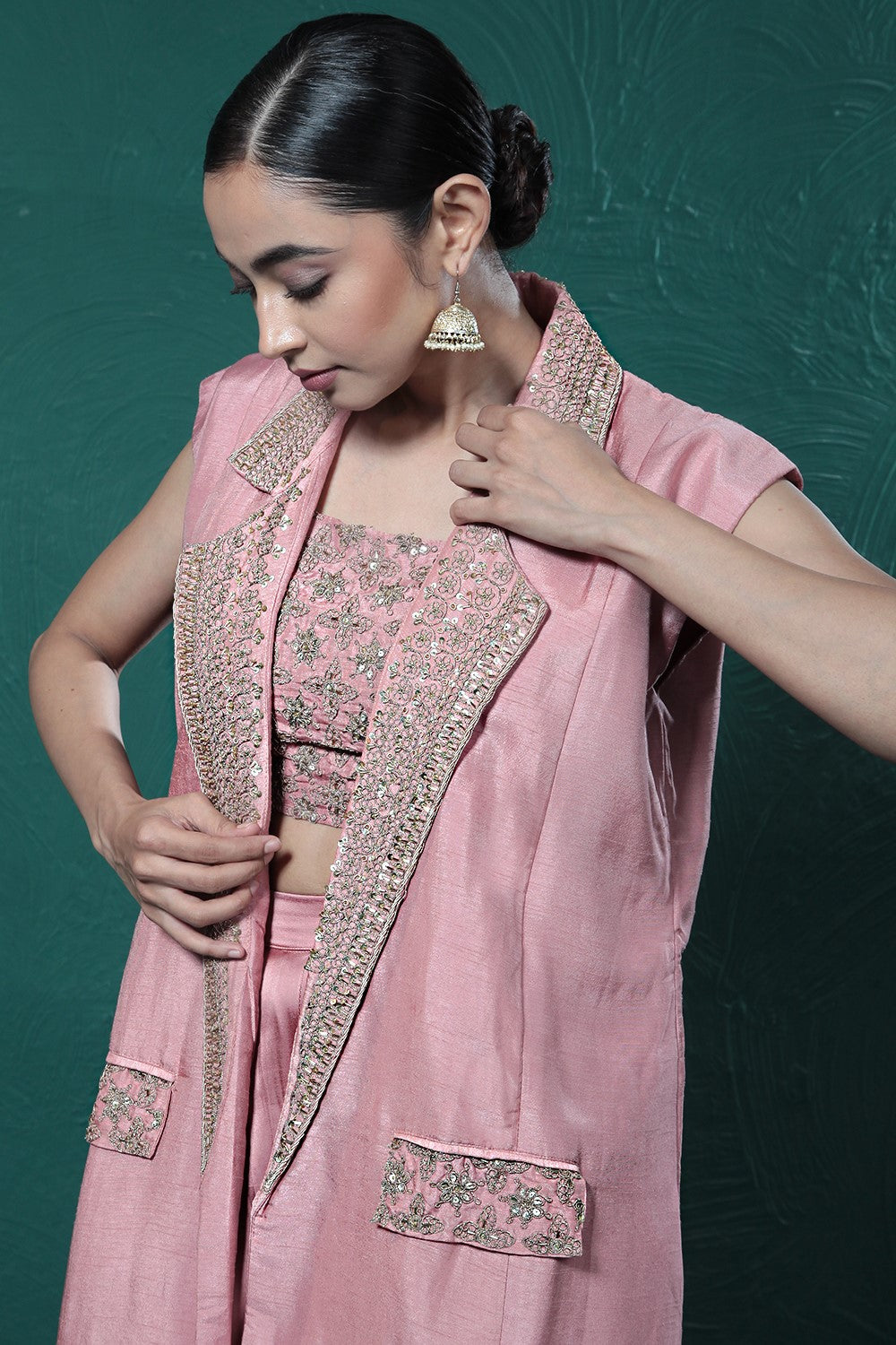 Blush Pink Embroidered Jacket & Palazzo Set