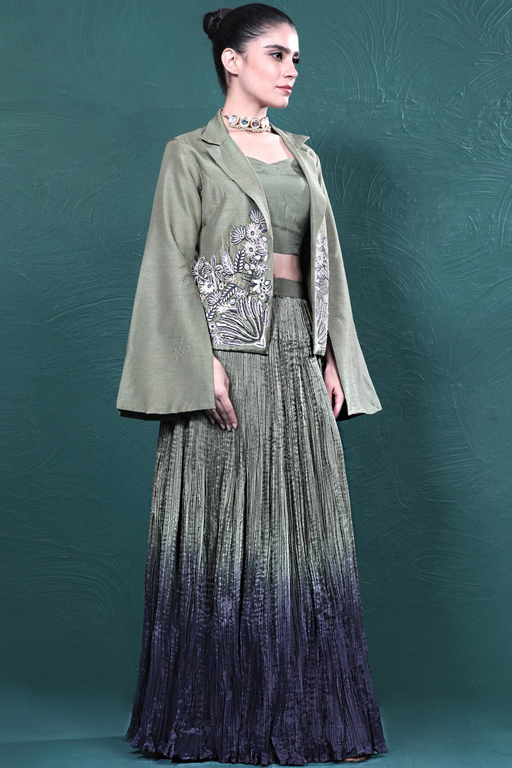 Green Embroidered Jacket Skirt Set