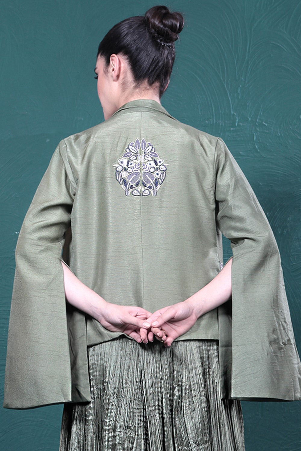 Green Embroidered Jacket Skirt Set