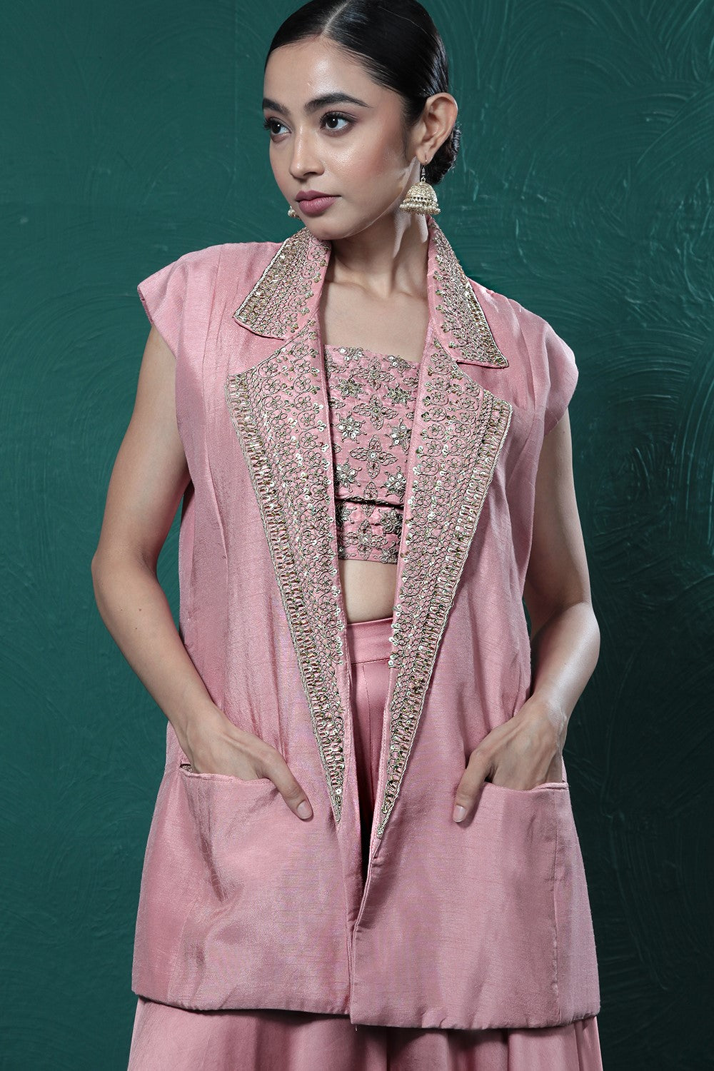 Blush Pink Embroidered Jacket & Palazzo Set