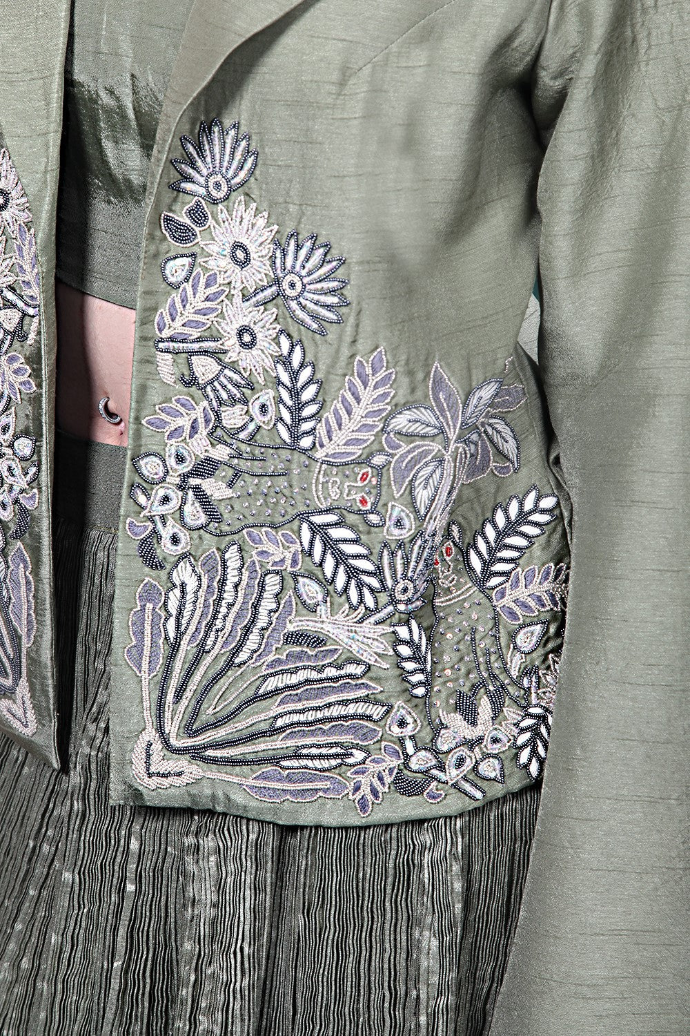 Green Embroidered Jacket Skirt Set