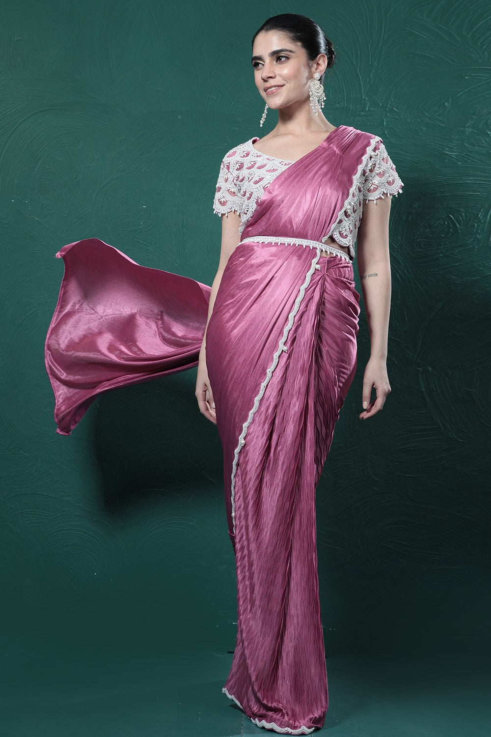 Dark Pink Embellished Spandex Saree
