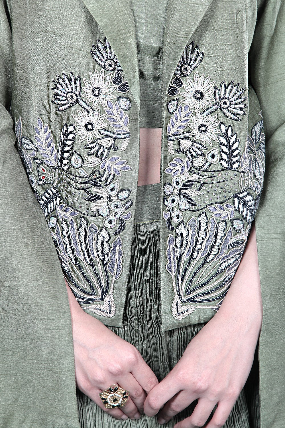 Green Embroidered Jacket Skirt Set