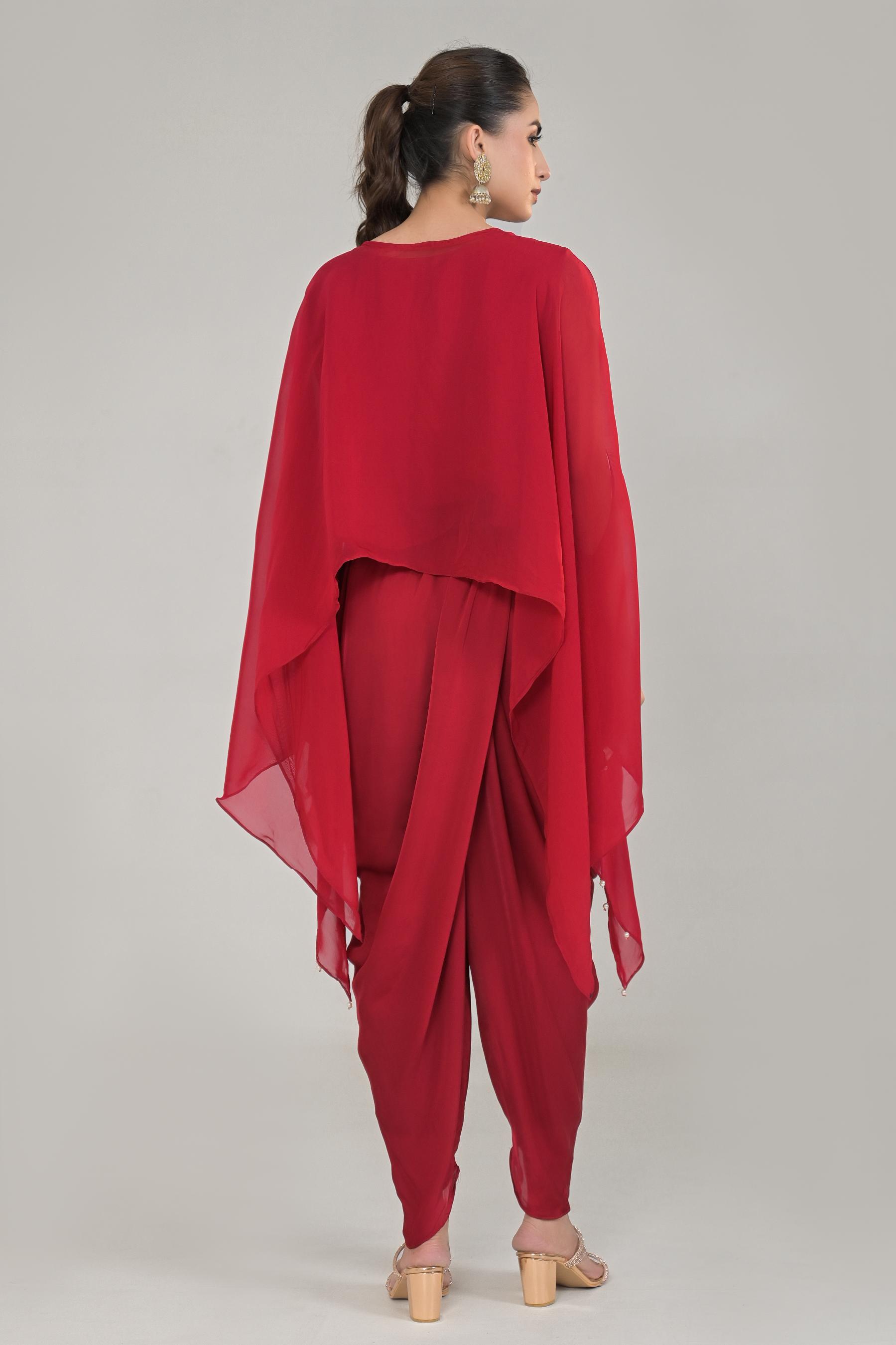 Deep Red Embroidered Organza Silk Kaftan Set