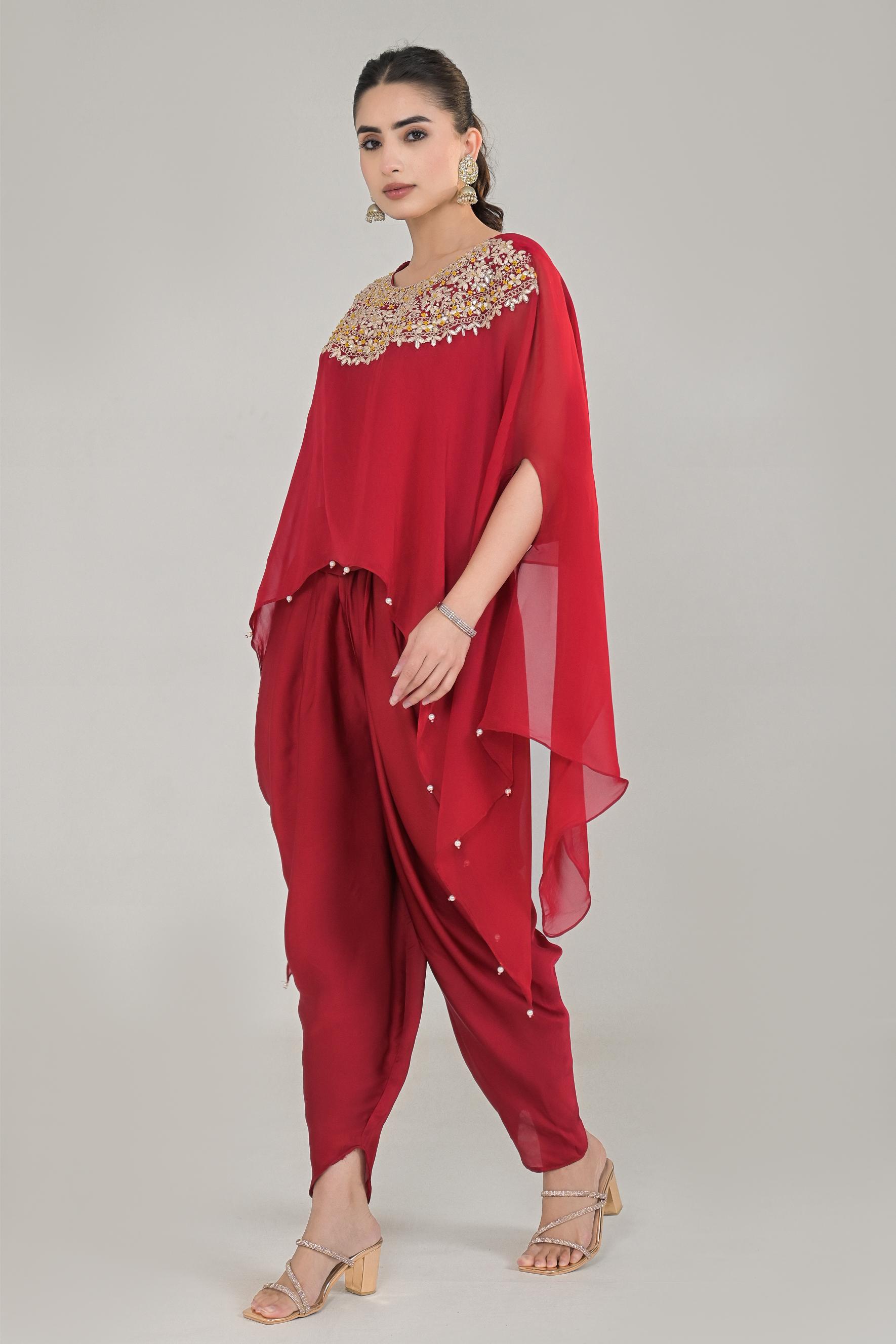 Deep Red Embroidered Organza Silk Kaftan Set