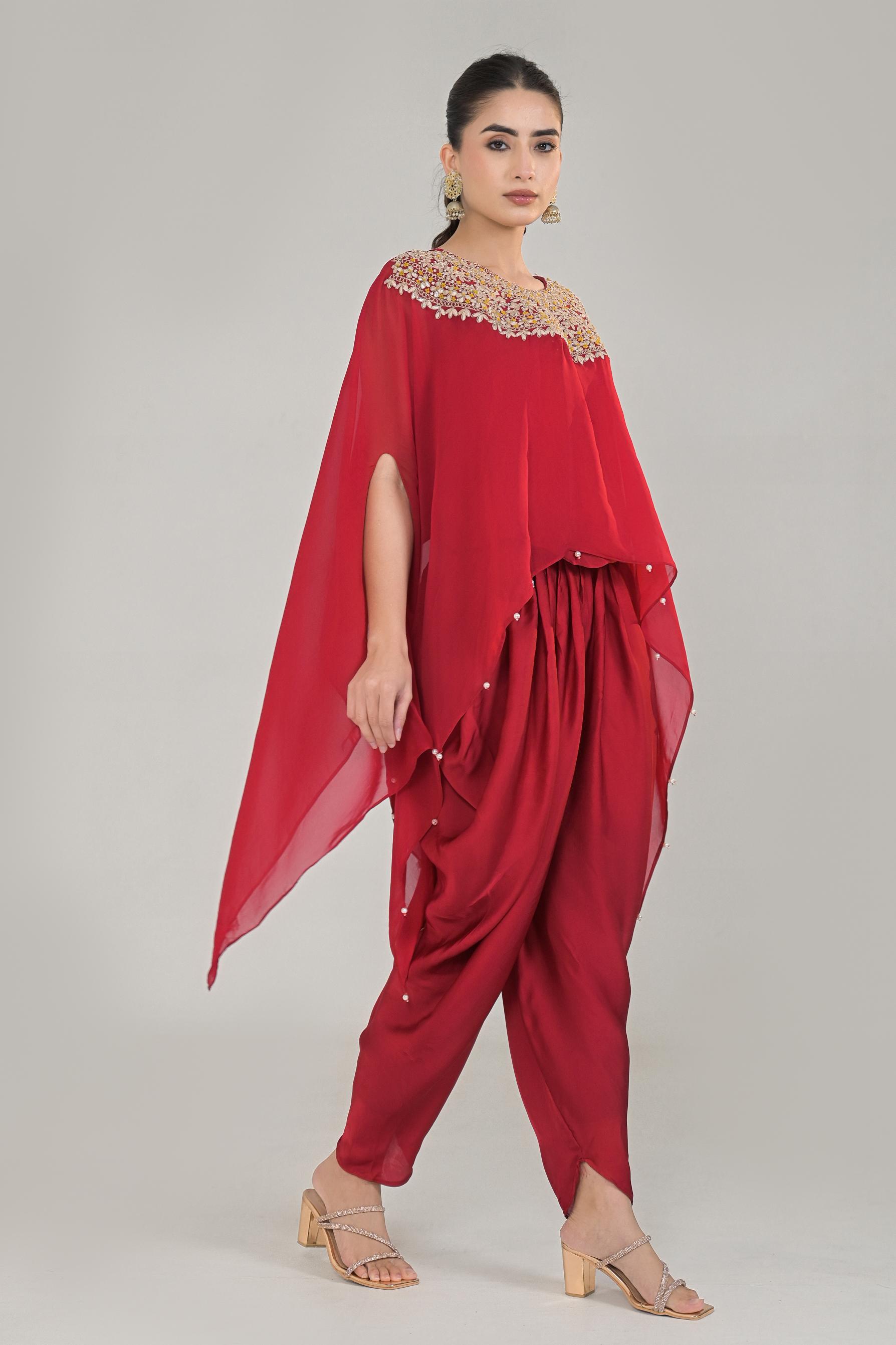 Deep Red Embroidered Organza Silk Kaftan Set