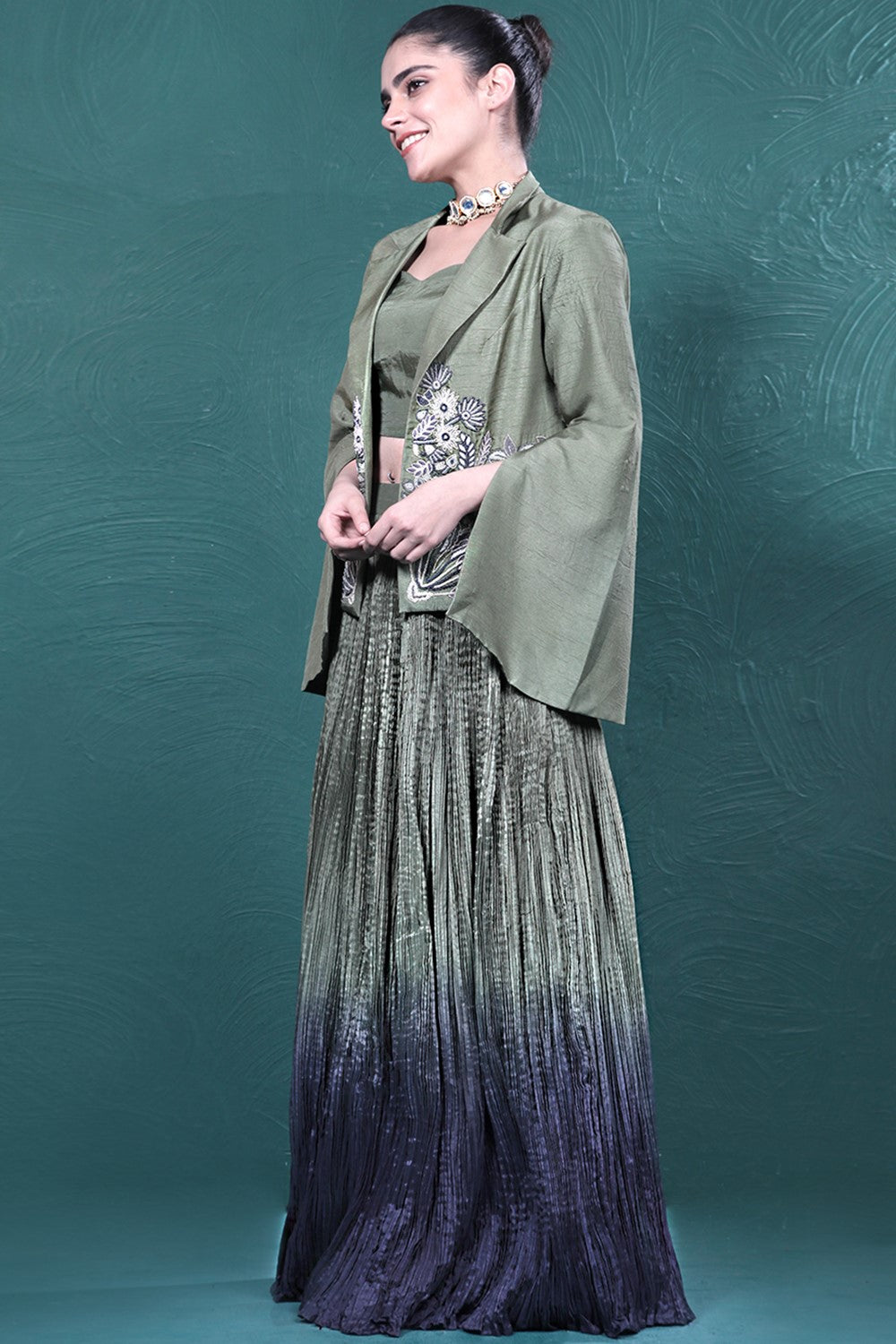 Green Embroidered Jacket Skirt Set