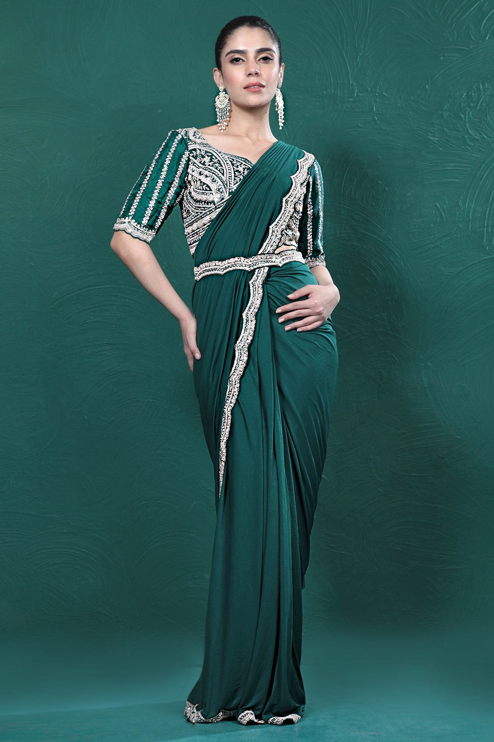 Deep Green Embellished Spandex Saree