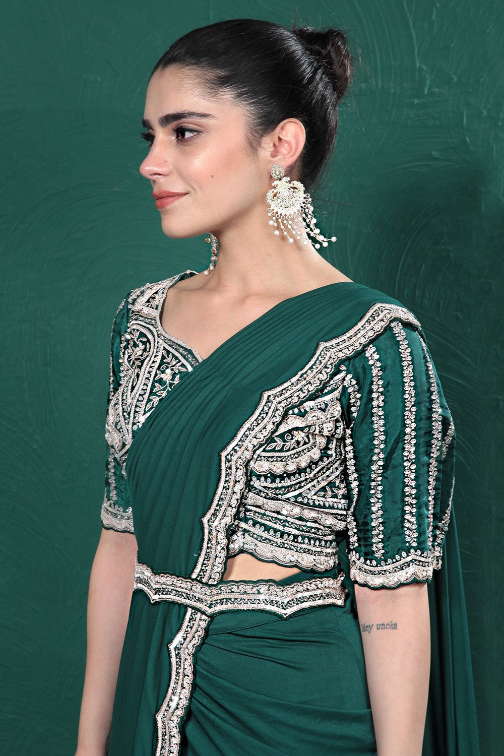 Deep Green Embellished Spandex Saree