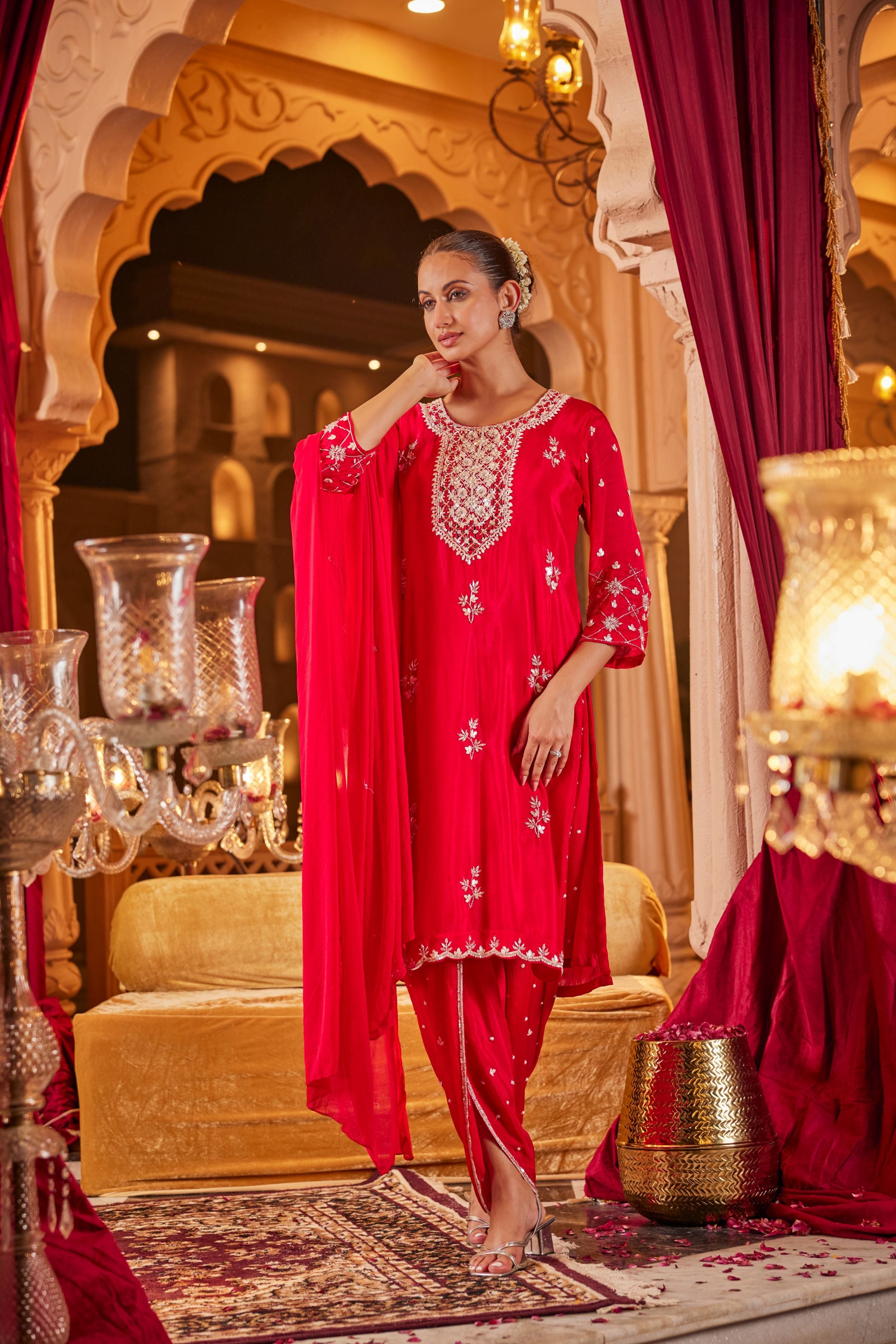 Red Embellished Dhoti Set