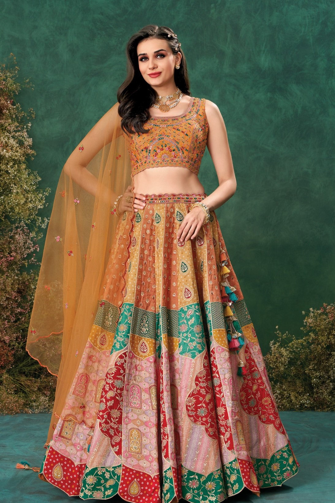 Peach Multicolor Embroidered Lehenga Set