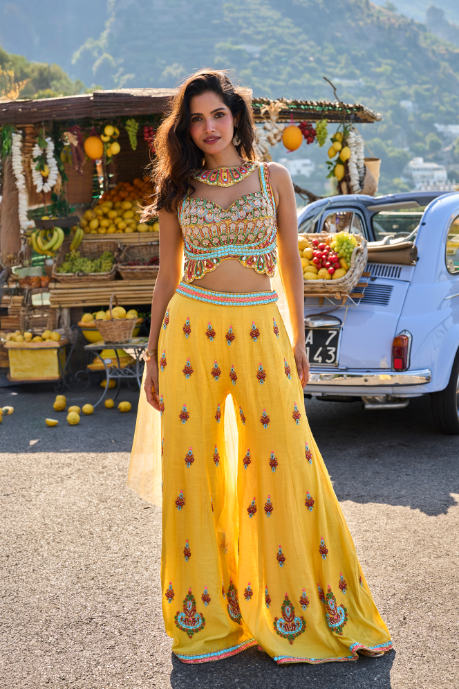 Bright Yellow Embellished Dola Silk Palazzo Set