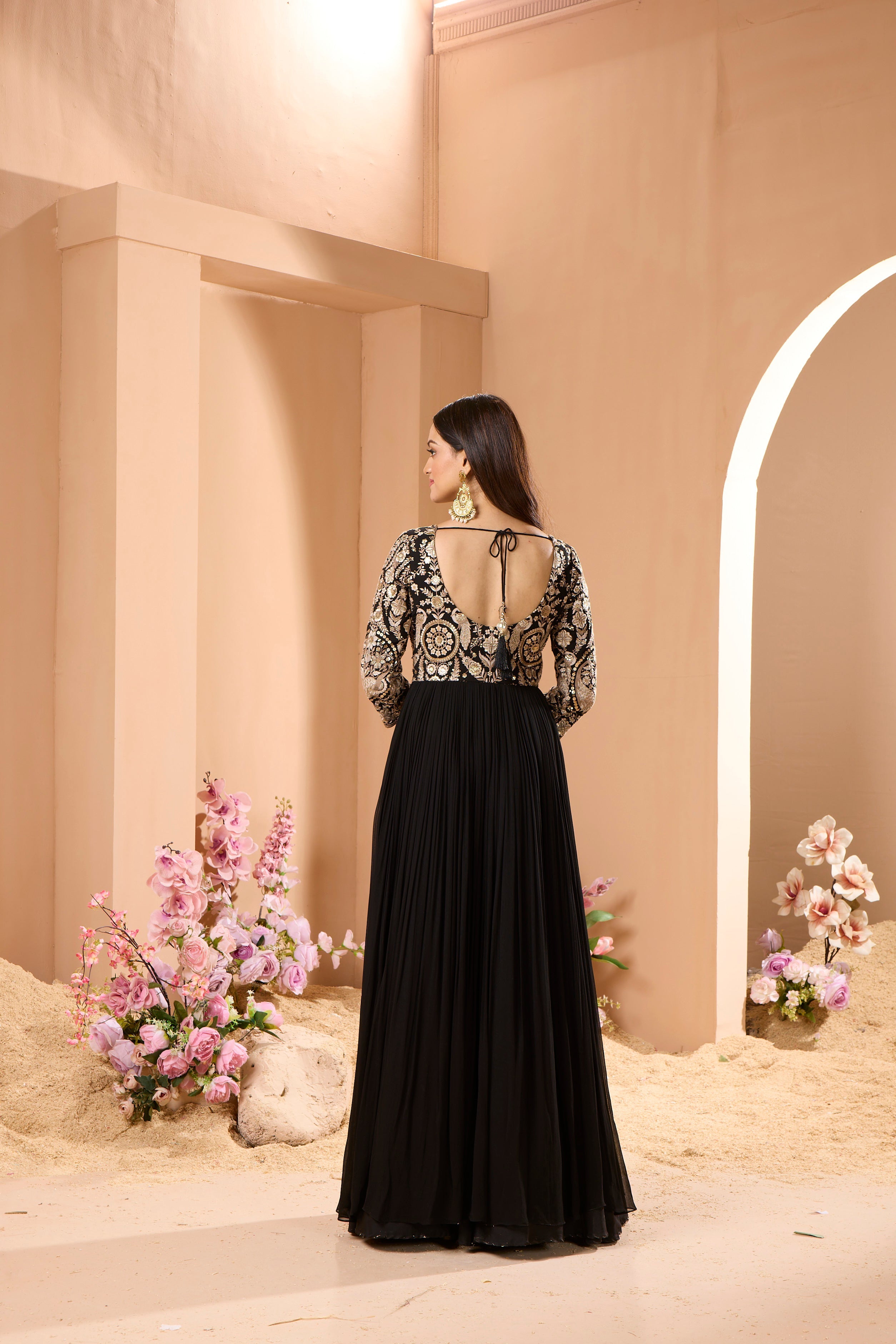 Royal Black Floral Embroidered Georgette Silk Anarkali Set