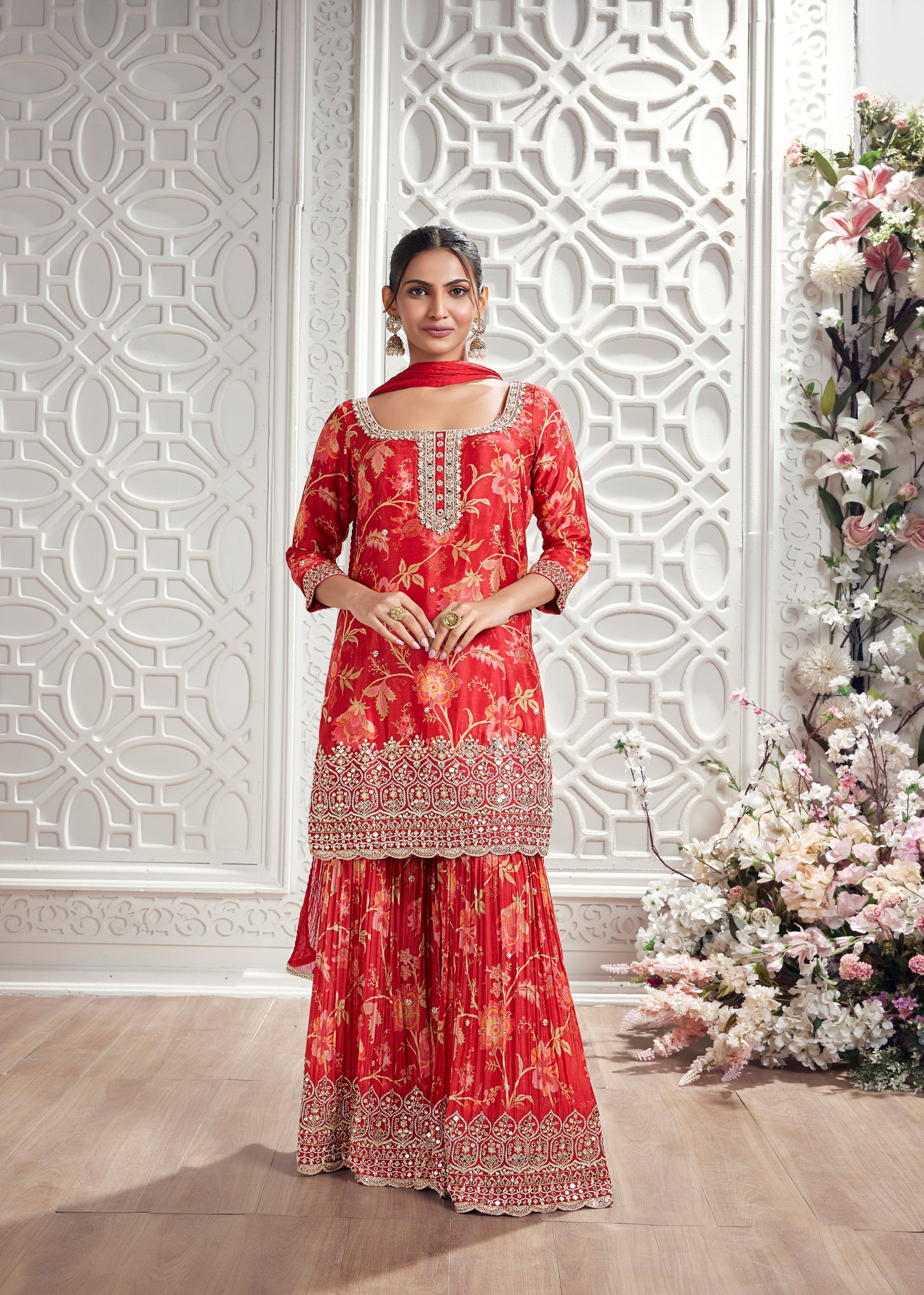 Crimson Red Embellished Chinon Silk Palazzo Set