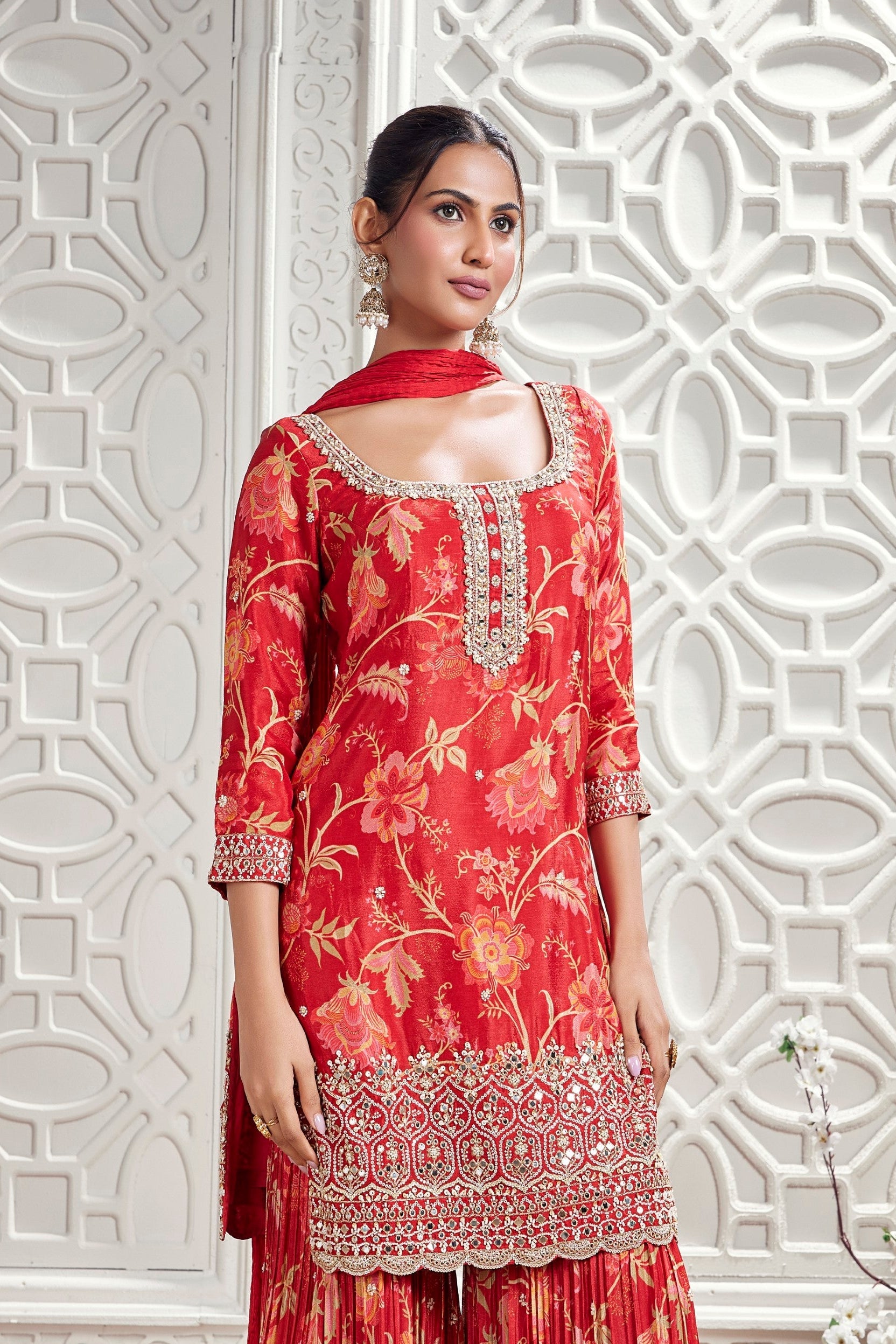 Crimson Red Embellished Chinon Silk Palazzo Set