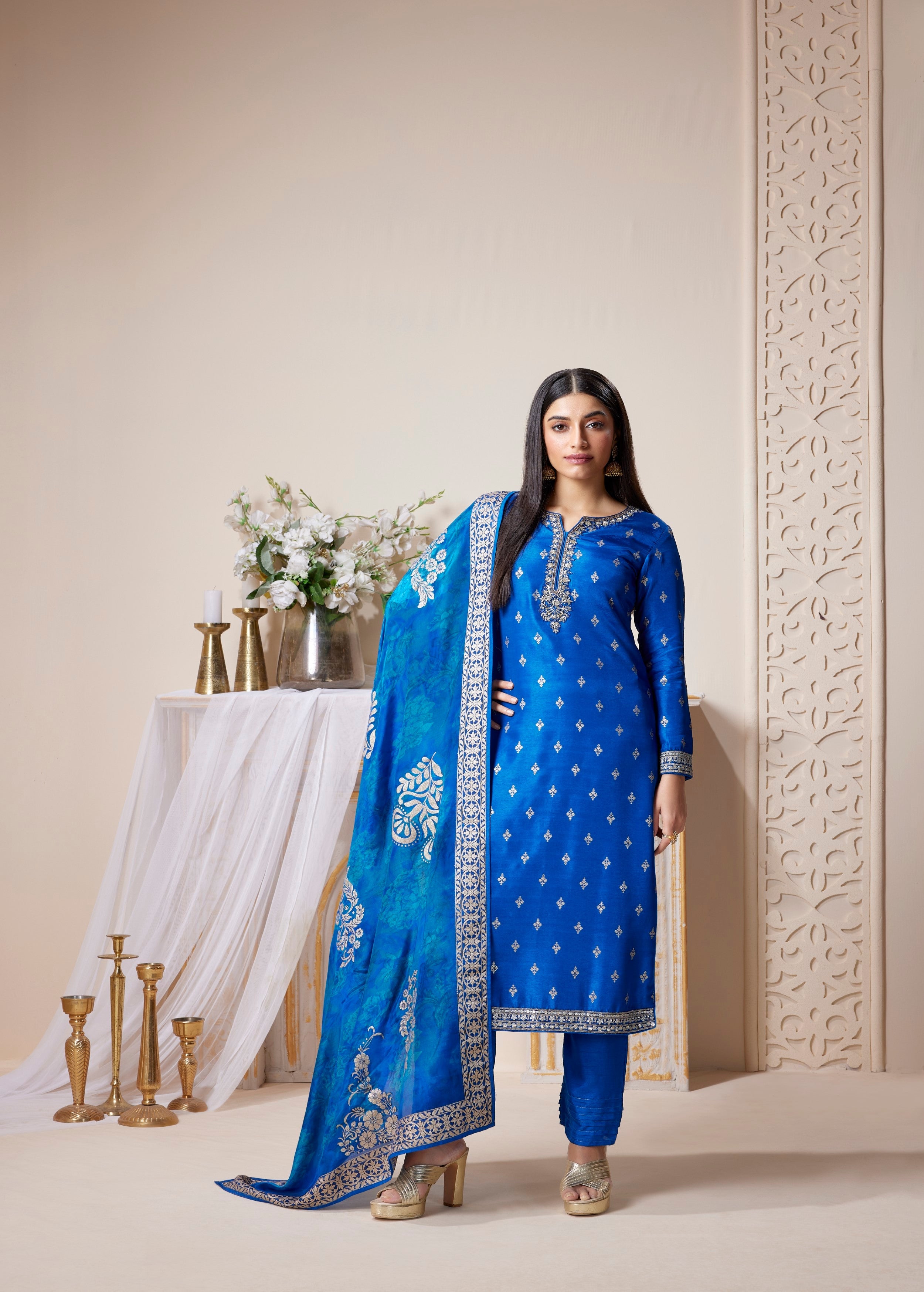 Royal Blue Embellished Premium Silk Pant Set
