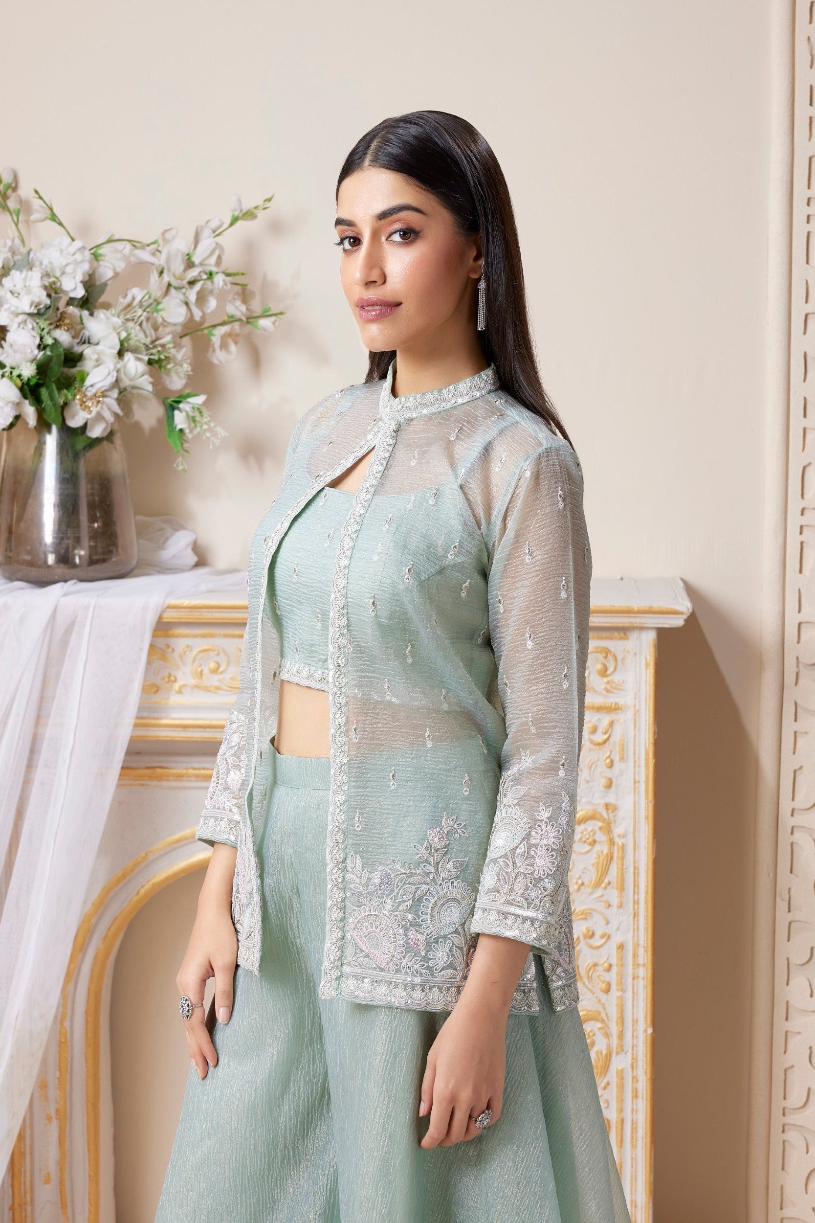 Pale Aqua Green Embellished Crushed Tissue Silk Palazzo Set