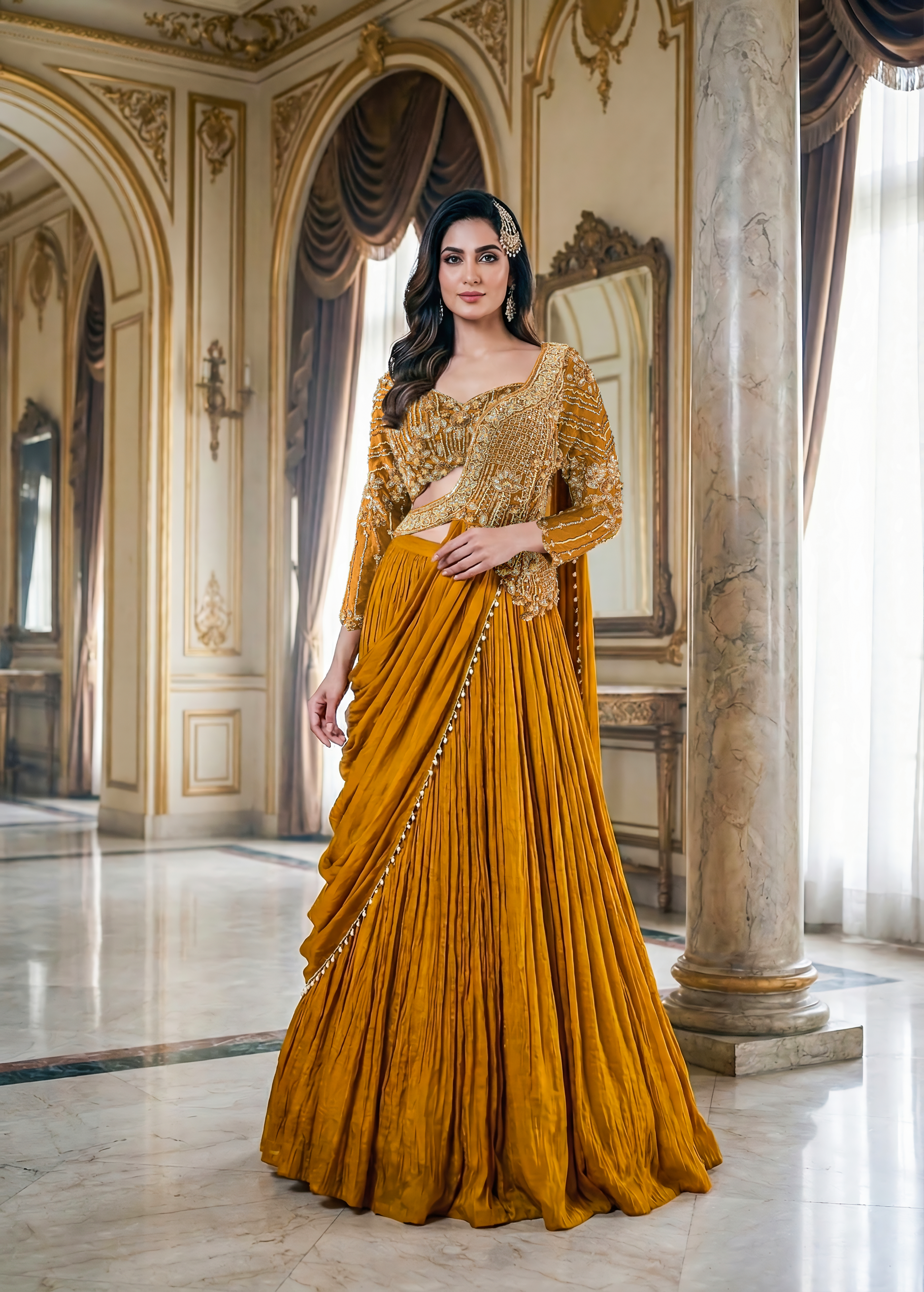 Caramel Brown Embellished Crepe Silk Cape Lehenga Set