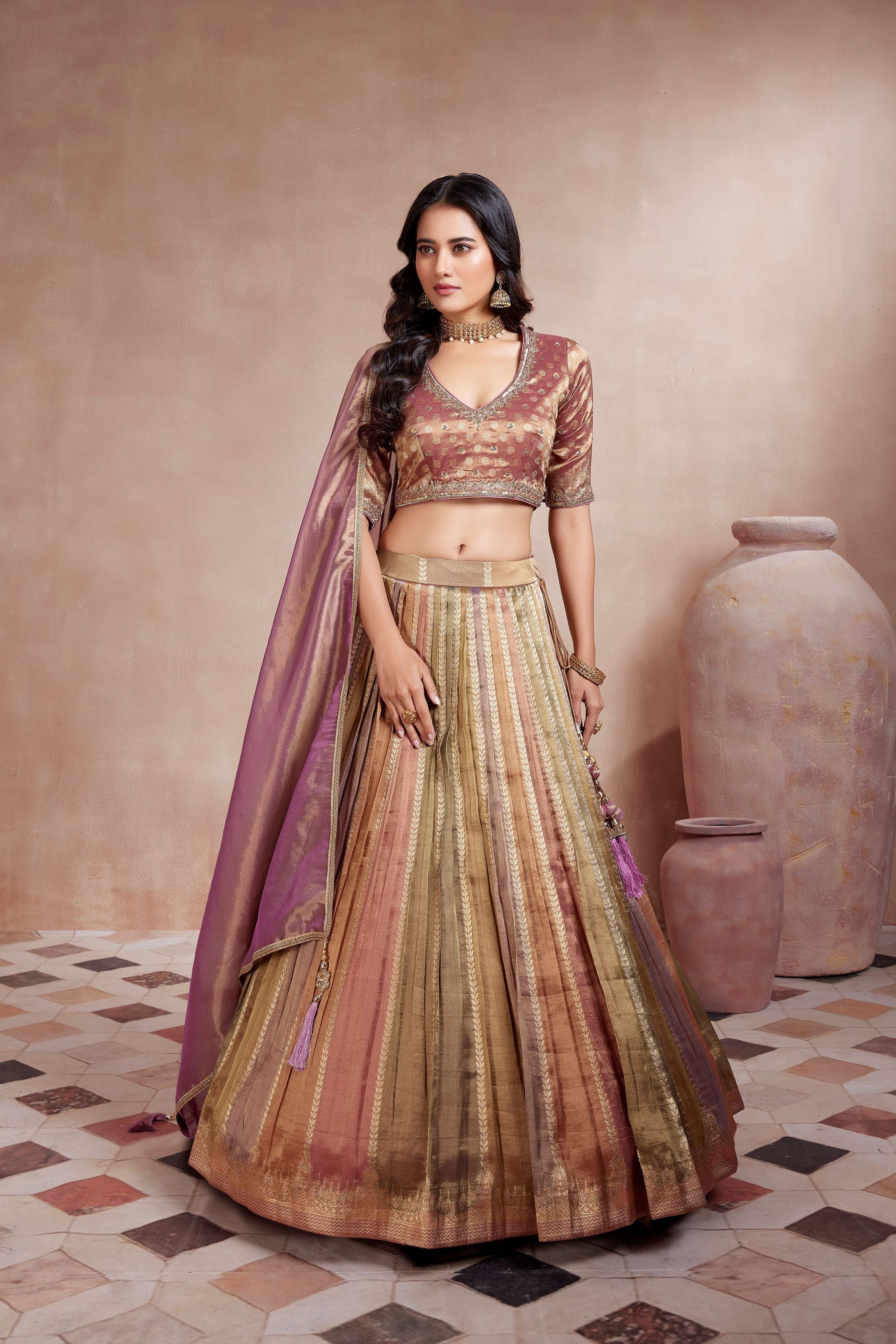 Shimmer Multi Color Embroidered Premium Metallic Silk Lehenga Set