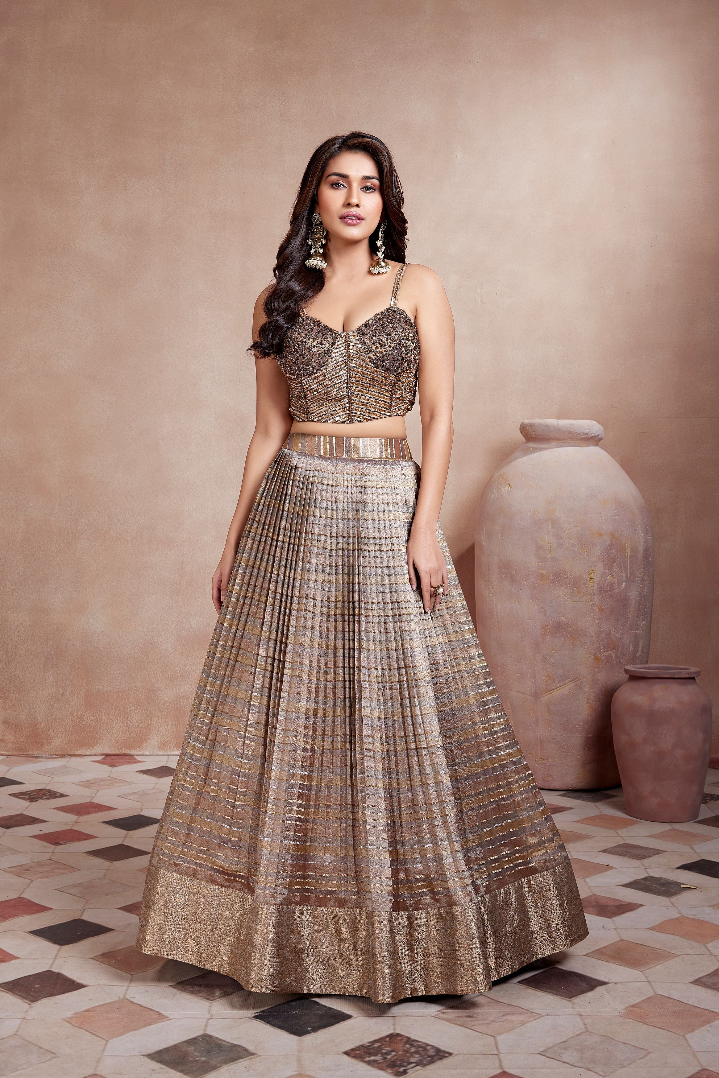 Shimmer Bronze Metallic Silk Lehenga Set