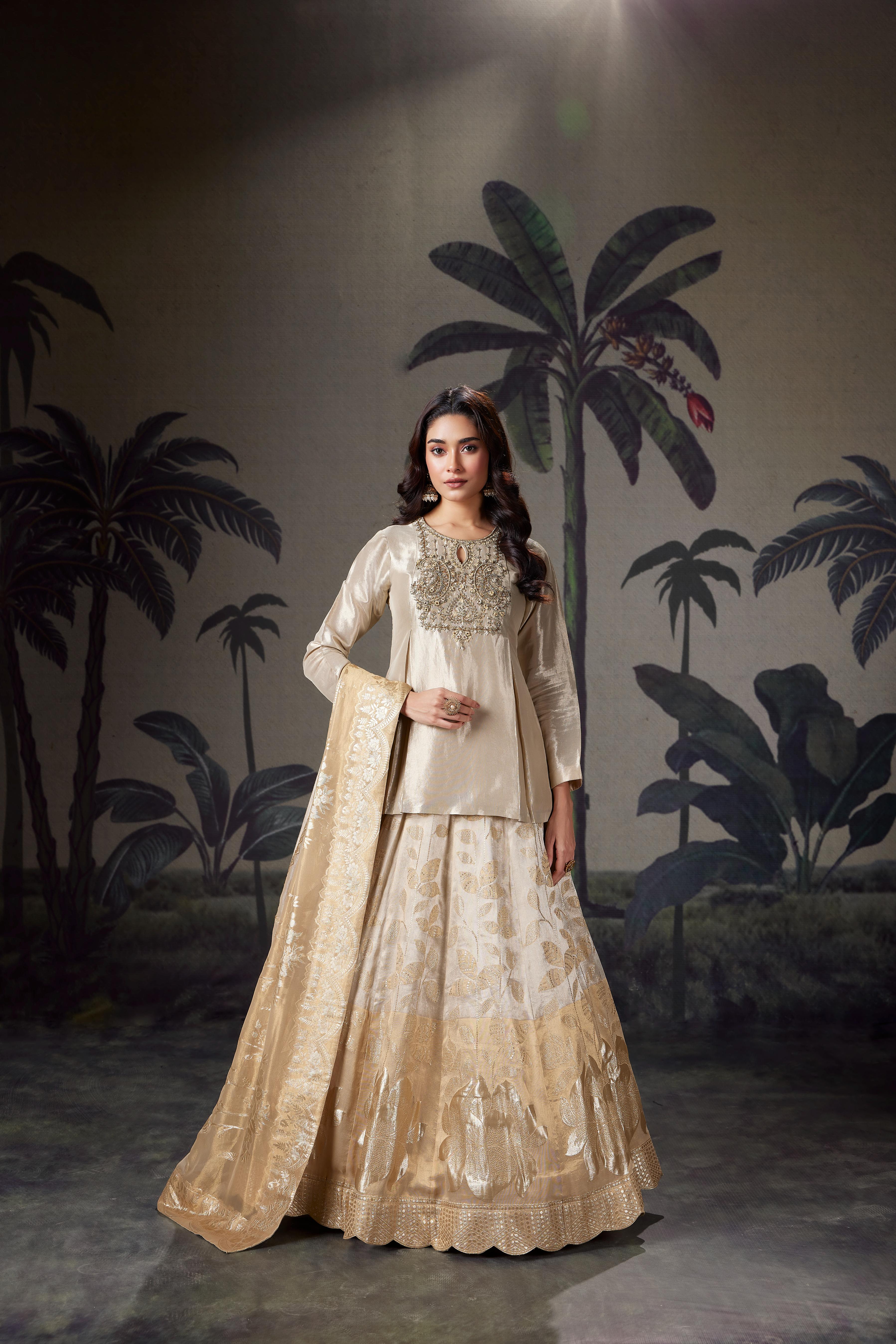 Beige Gold Embellished Shimmer Tissue Silk Lehenga Set