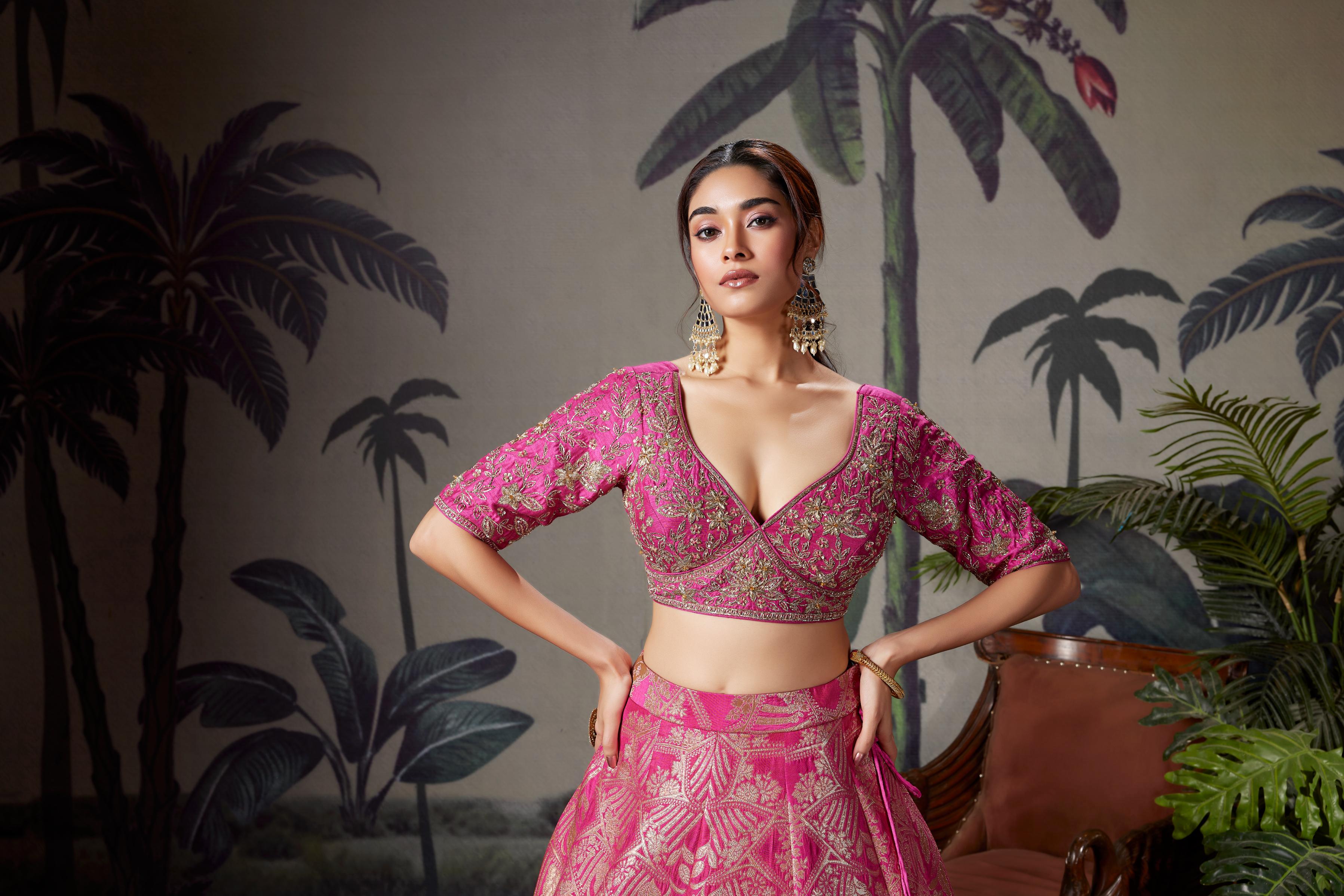 Rani Pink Embellished Brocade Silk Lehenga Set