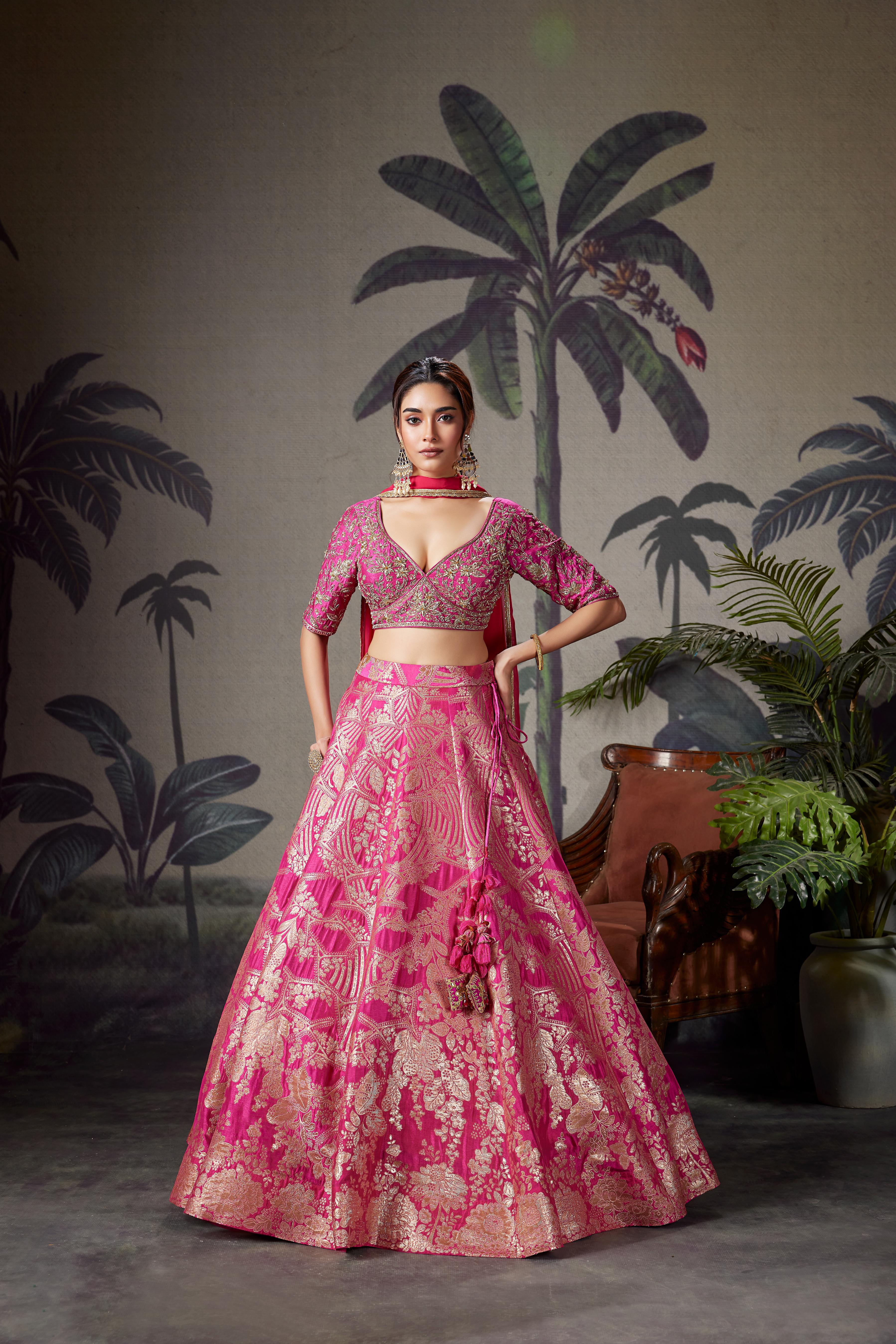 Rani Pink Embellished Brocade Silk Lehenga Set
