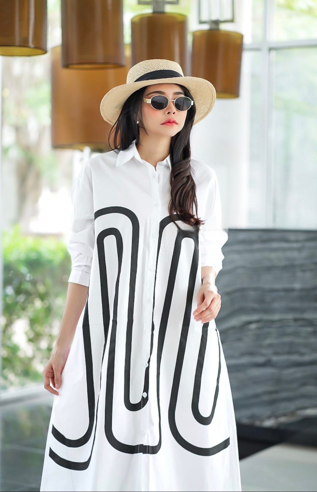 White Monochrome Path Print Tunic Dress