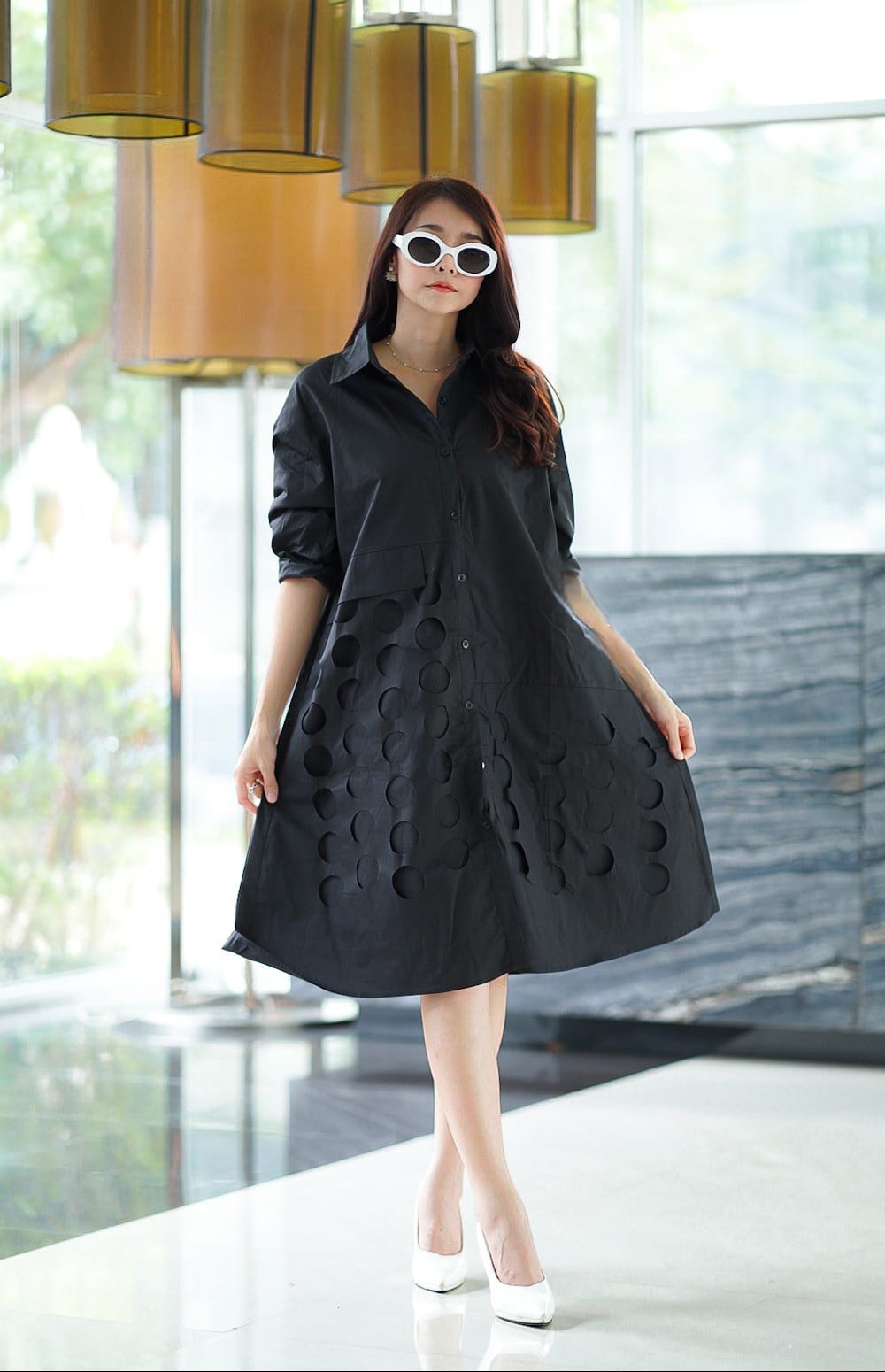 Flirty Black Die Cut Panel Work Tunic Dress