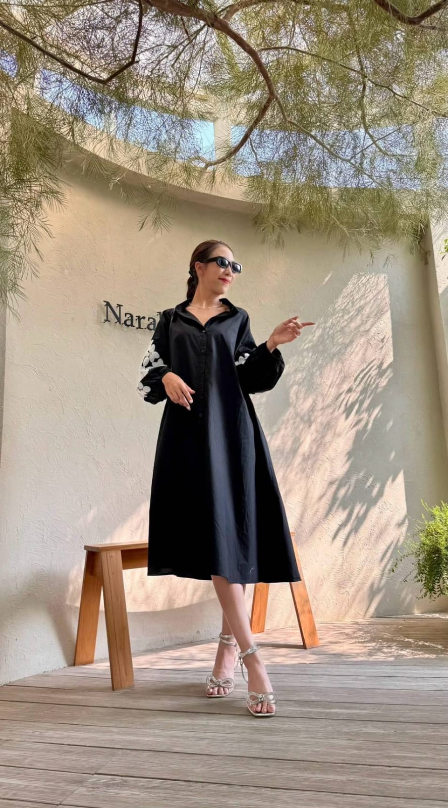 Matte Black Embroidered Cotton Dress