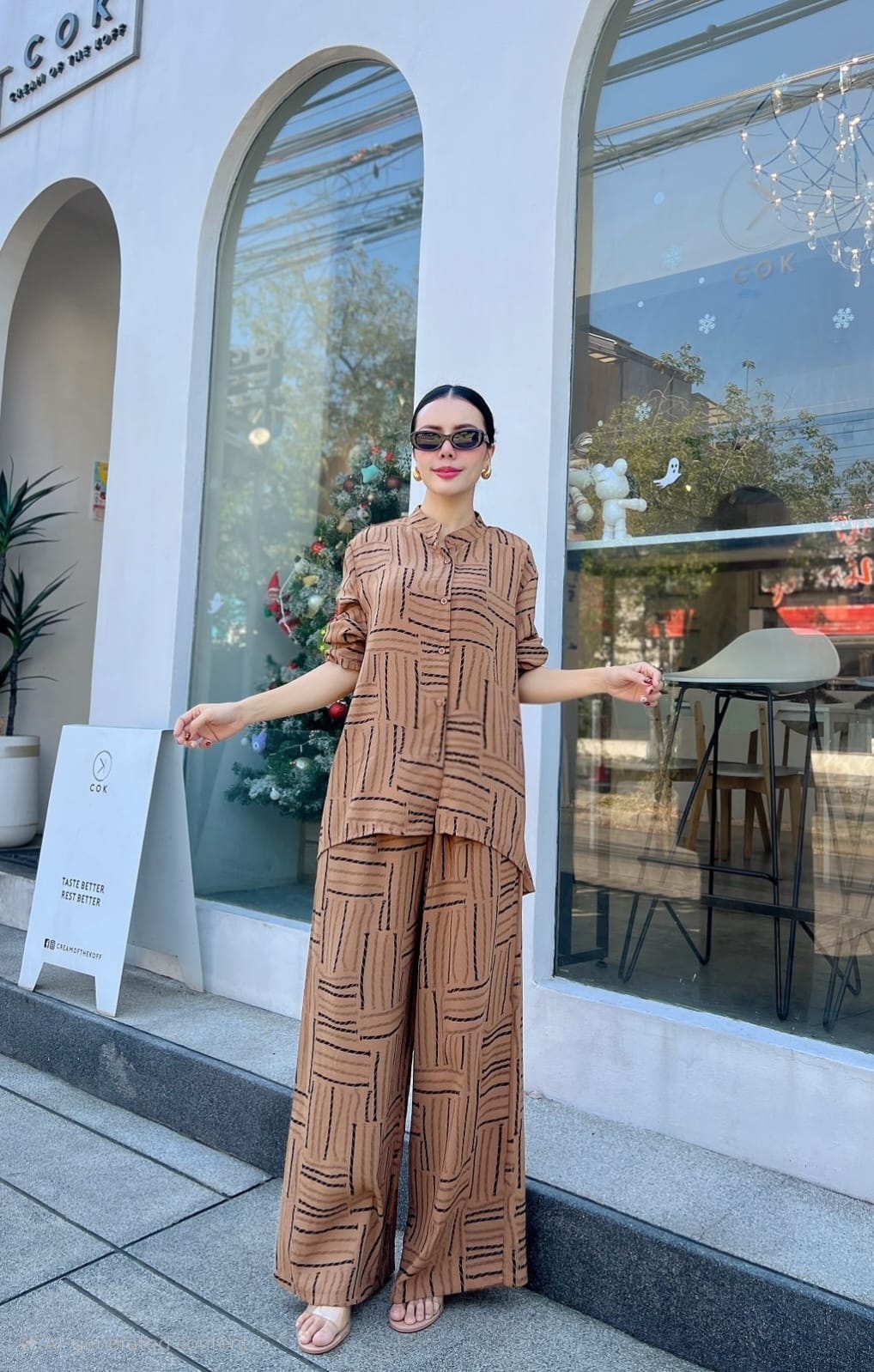 Camel Brown Printed Flowy Woven Co-Ord Set