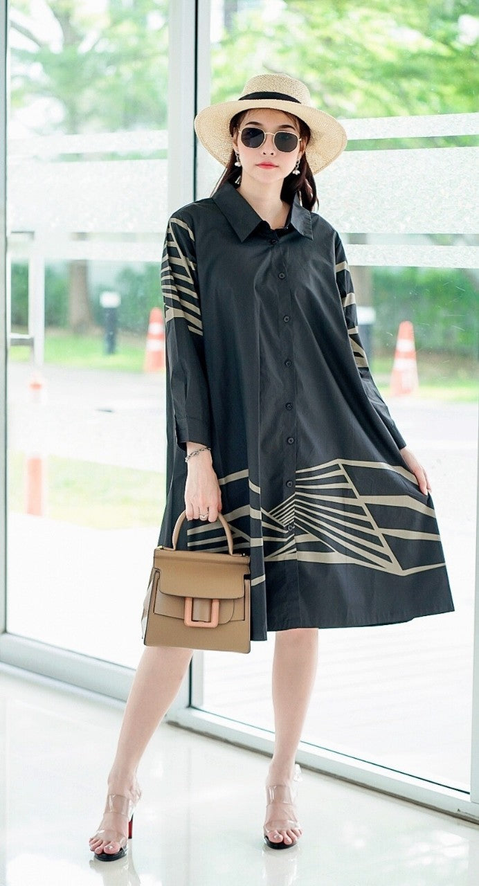 Black Geometric Lines Print Tunic Dress