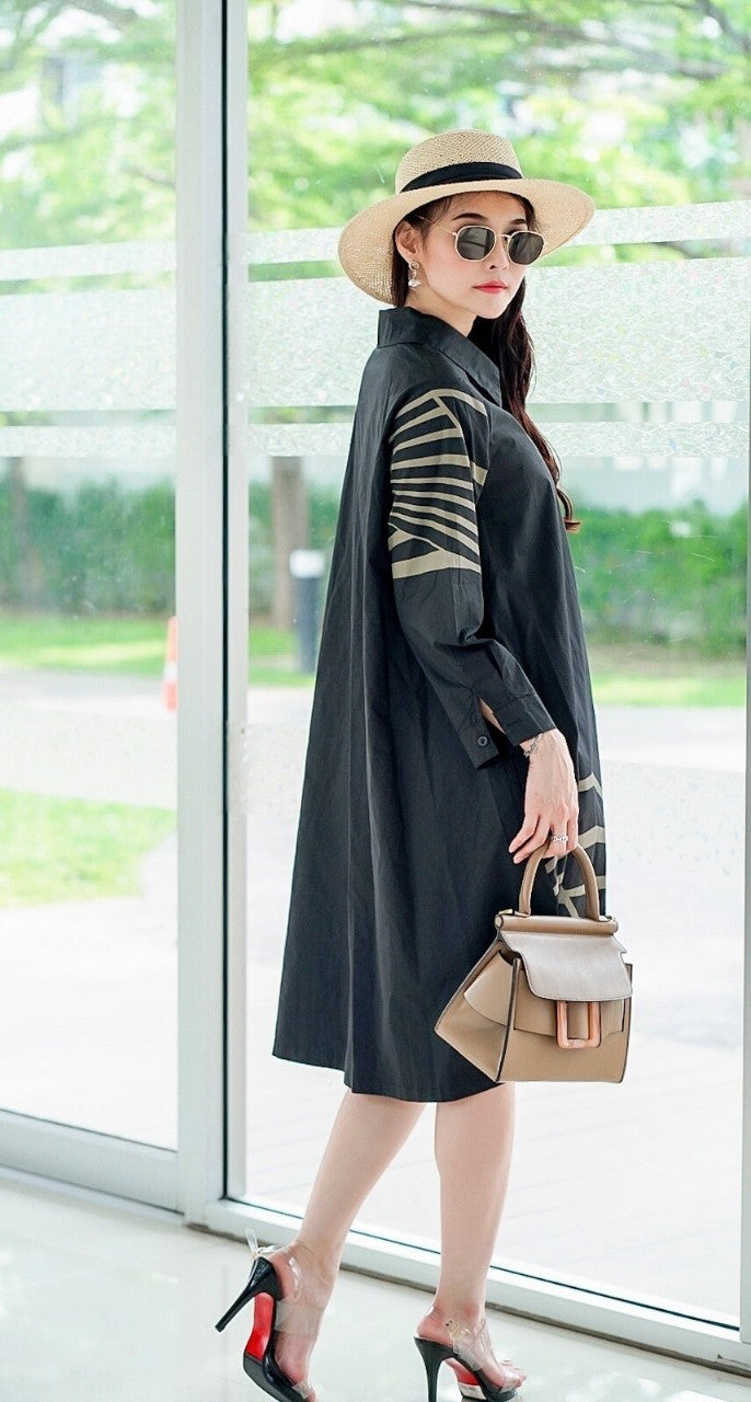 Black Geometric Lines Print Tunic Dress