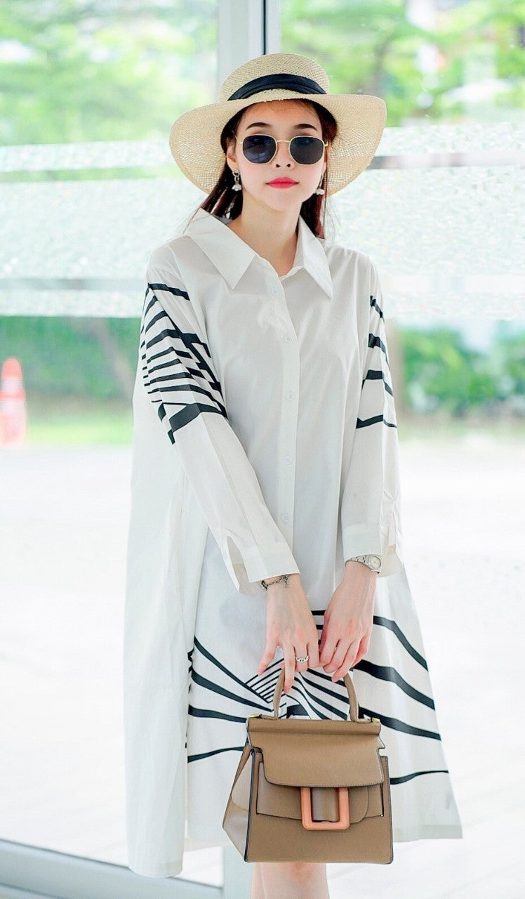 White Geometric Lines Print Tunic Dress