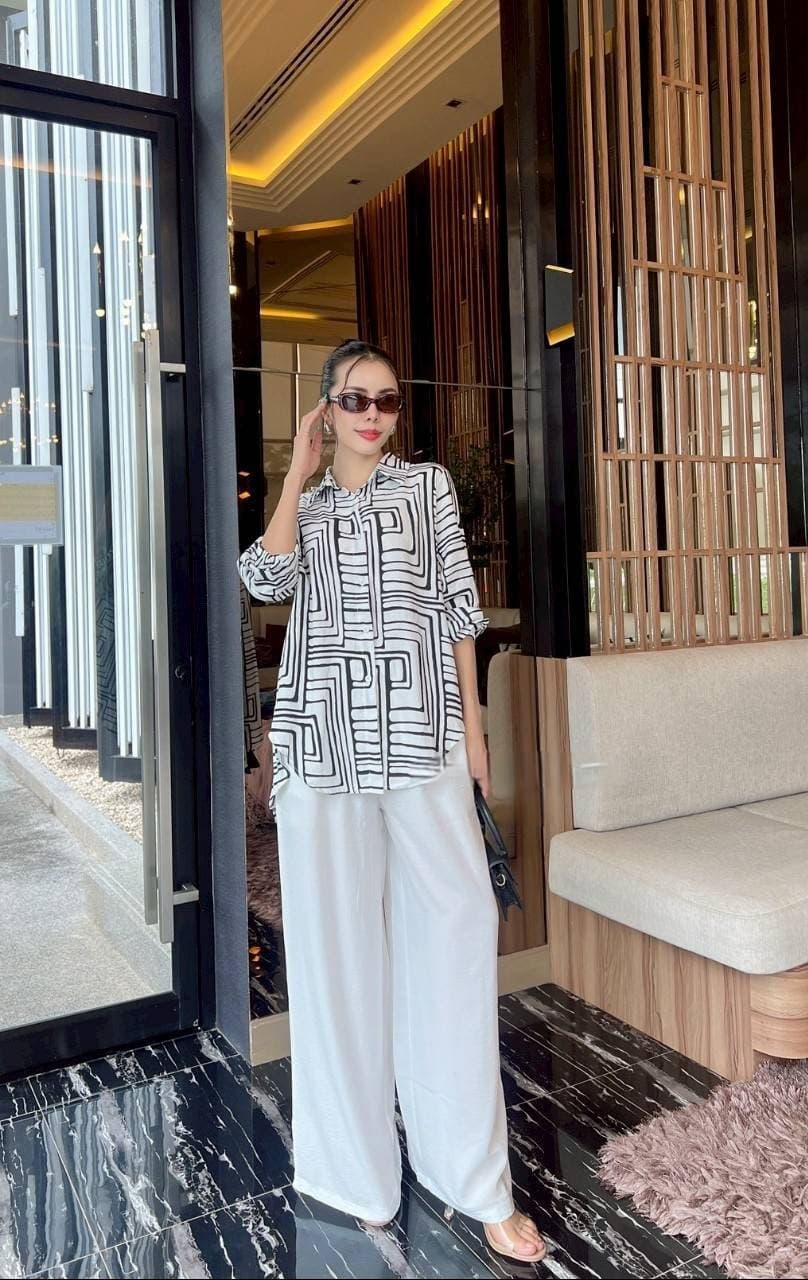 White Geometric Maze Print Co-Ord Set