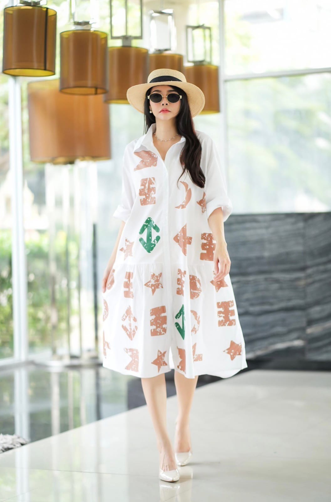 Ancient White Text Printed Cotton Tunic Dress