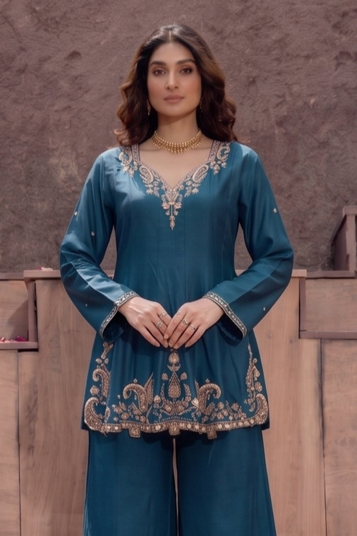 Teal Blue Embellished Crepe Silk Palazzo Set