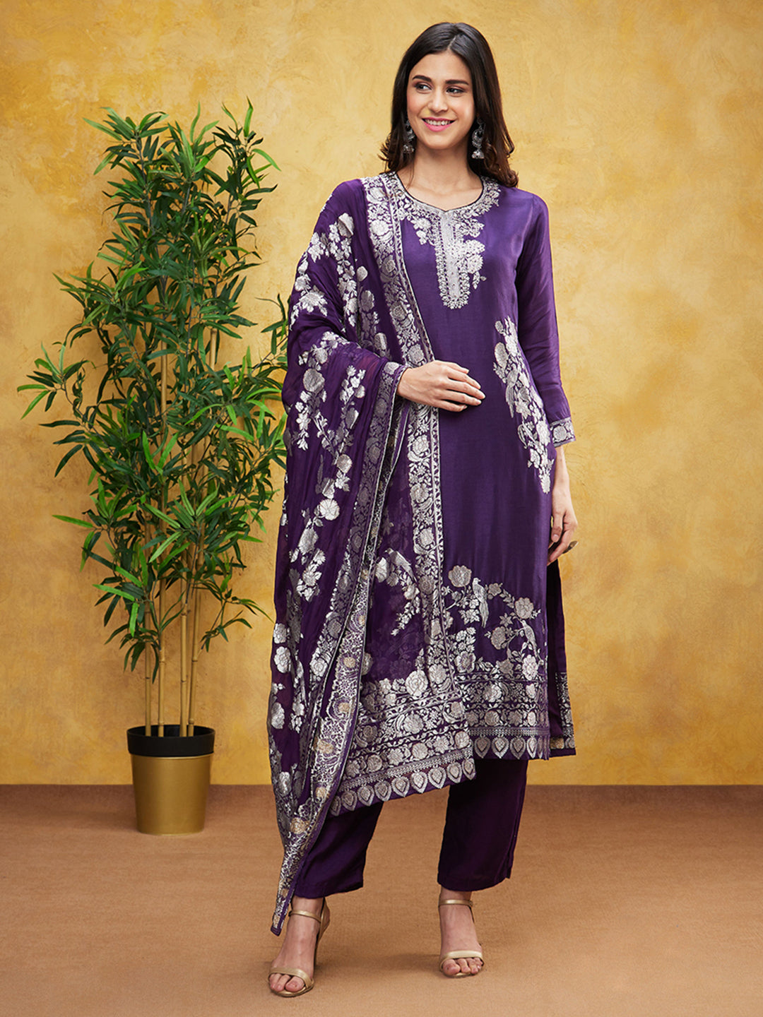 Purple Embroidered Brocade Silk Pants Set