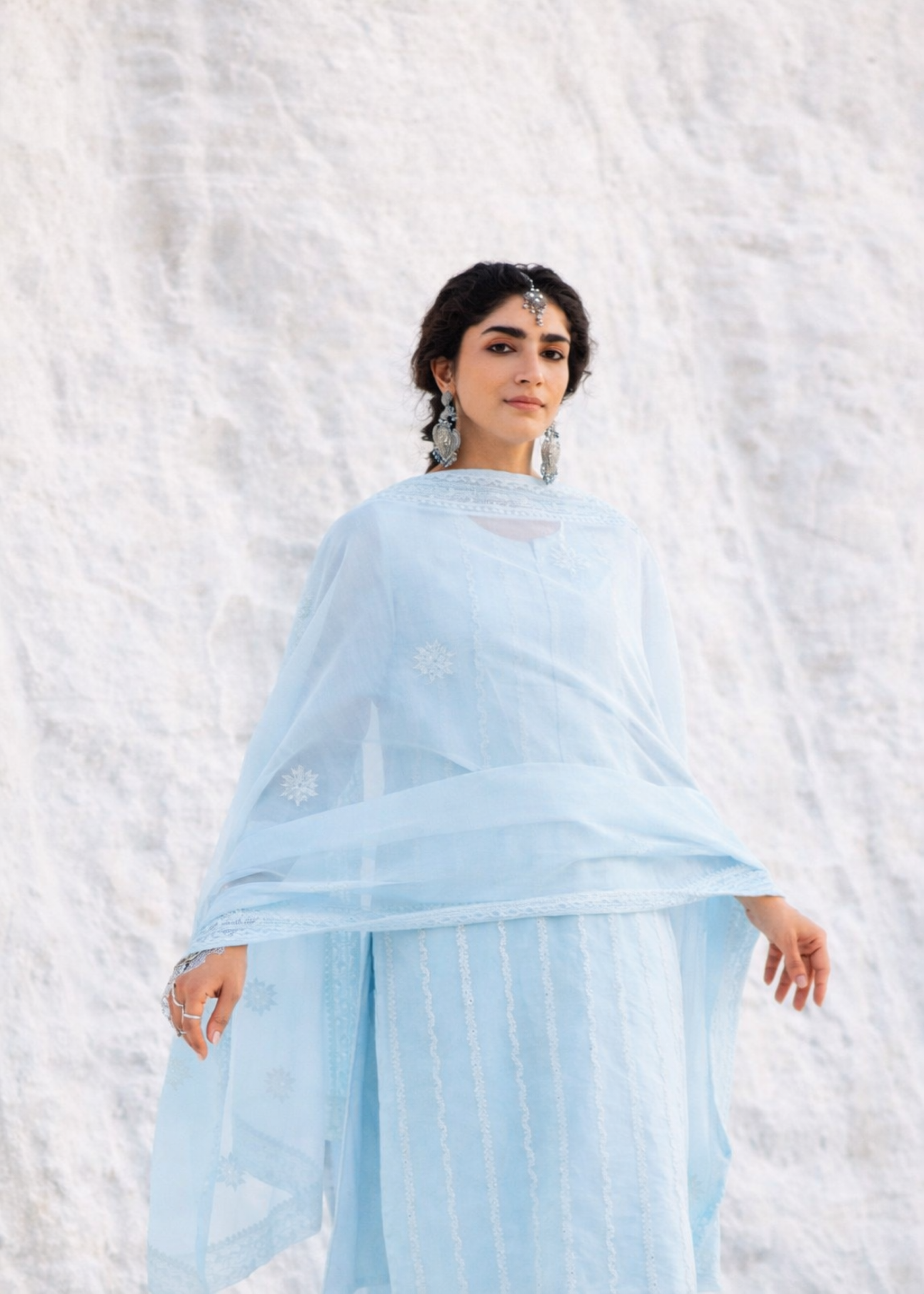 Sky Blue Chikankari Mul-Chanderi Silk Pant Set