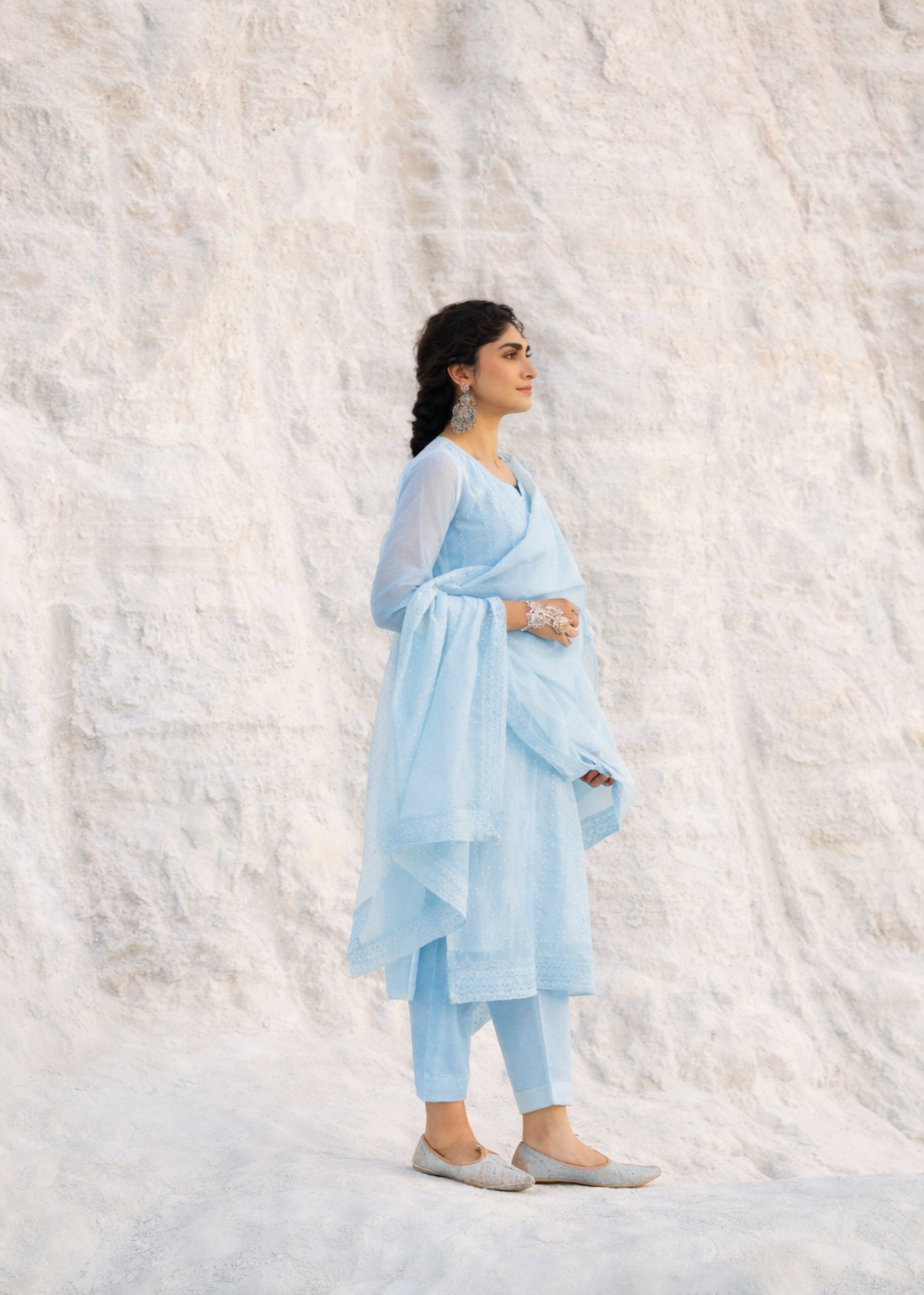Sky Blue Chikankari Mul-Chanderi Silk Pant Set