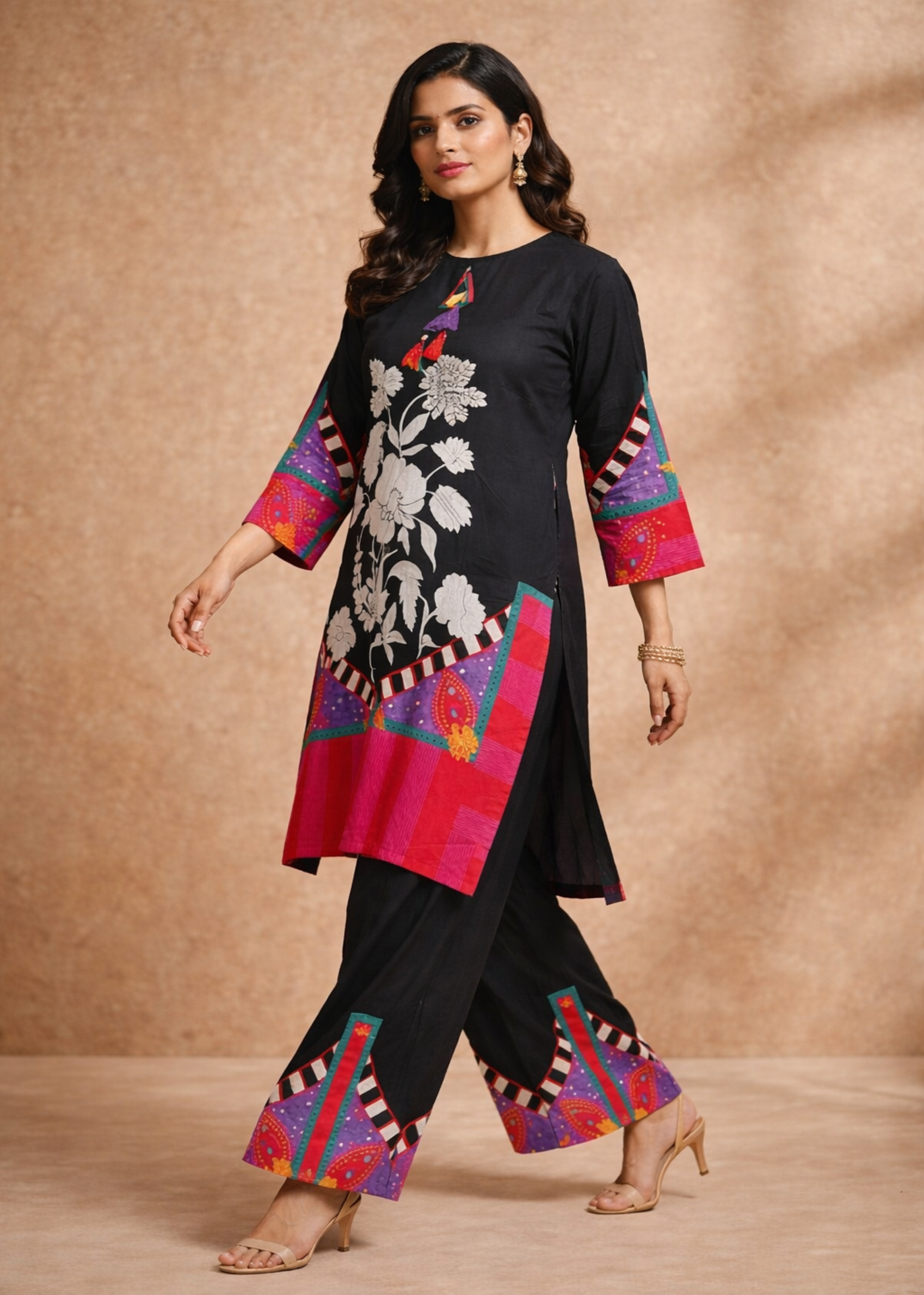 Noir Black Printed Muslin Silk Kurta Set