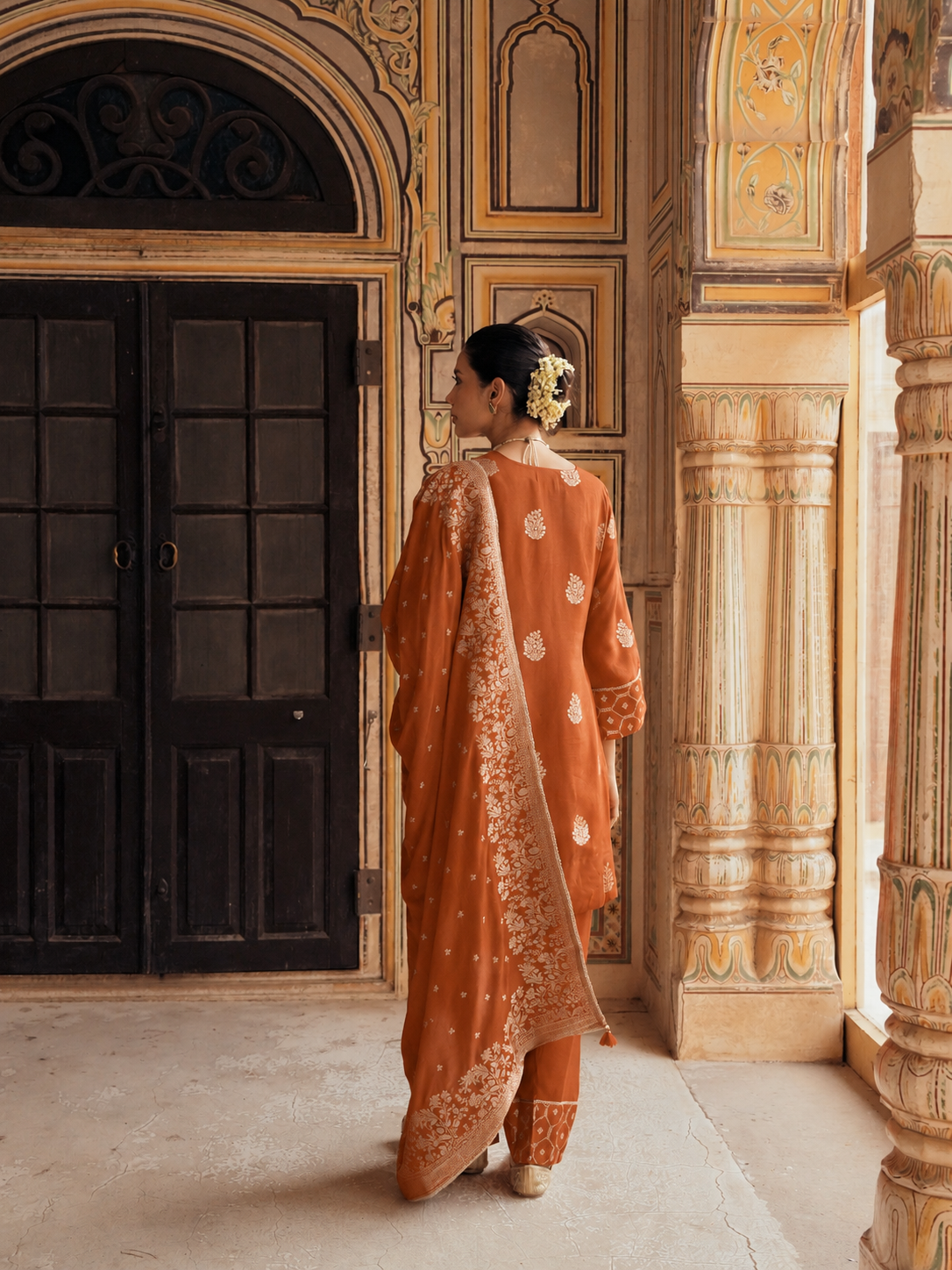 Rust Orange Embellished Banarasi Silk Salwar Set