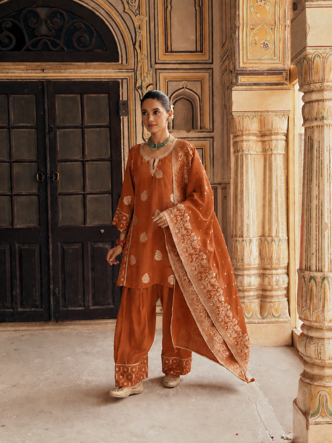 Rust Orange Embellished Banarasi Silk Salwar Set