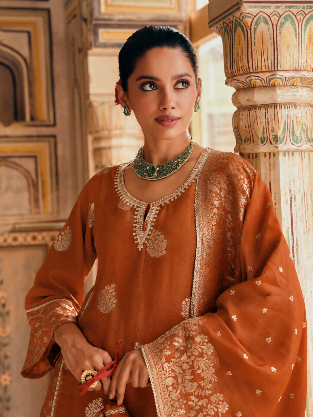 Rust Orange Embellished Banarasi Silk Salwar Set