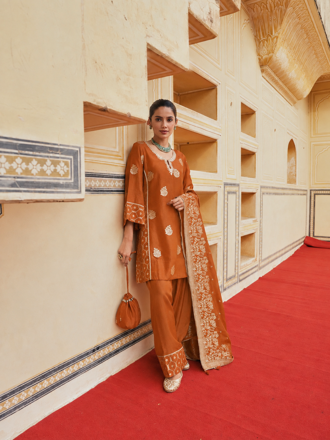 Rust Orange Embellished Banarasi Silk Salwar Set