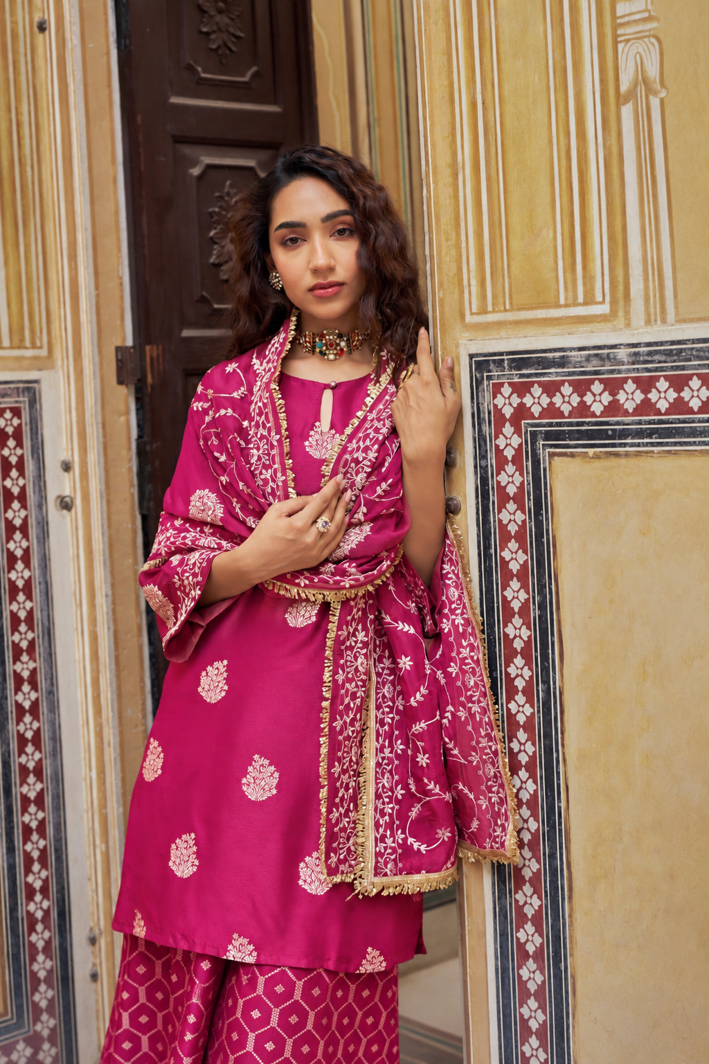 Magenta Pink Woven Banarsi Silk Sharara Set