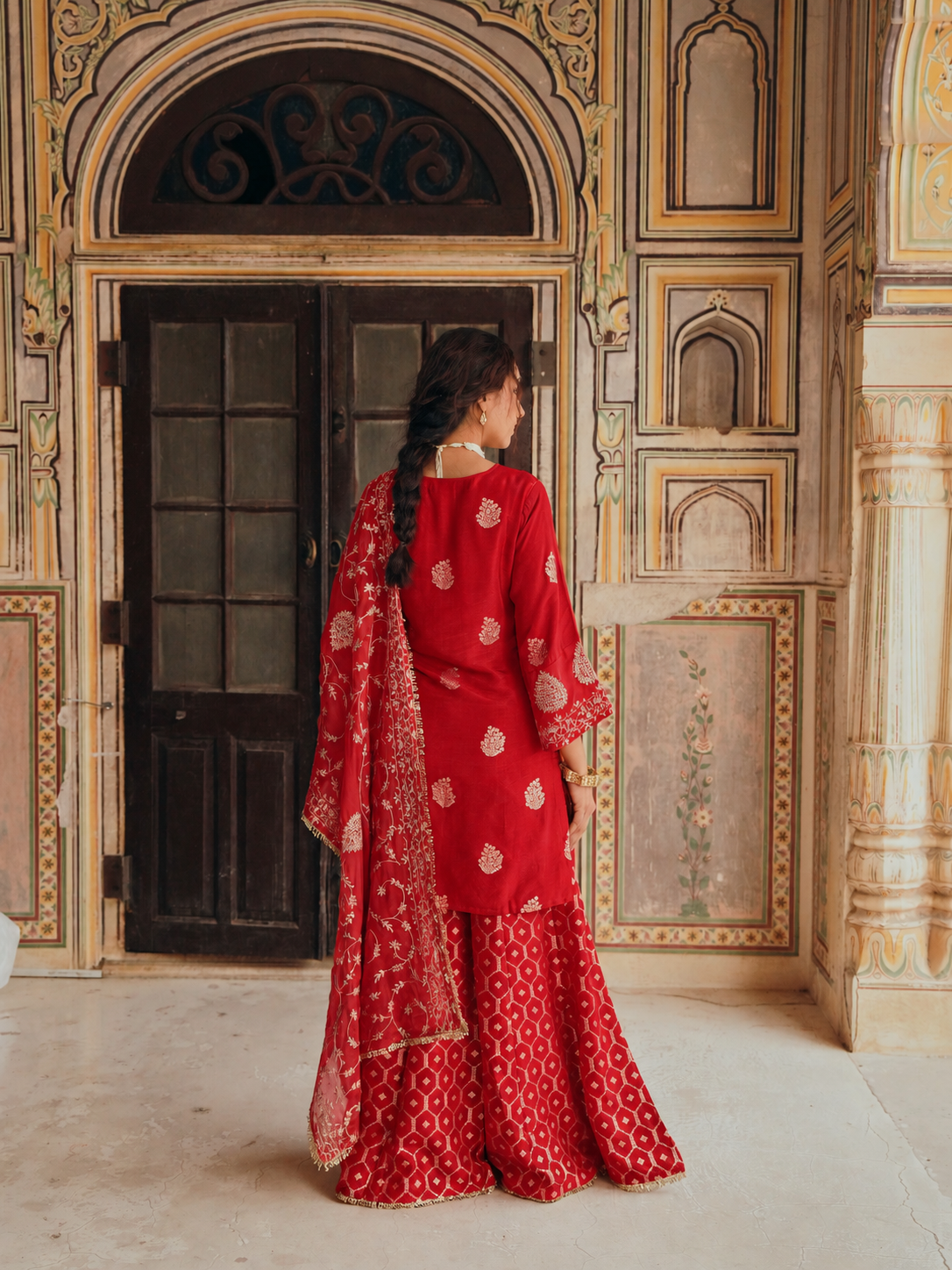 Red Embellished Pure Banarasi Sharara Set
