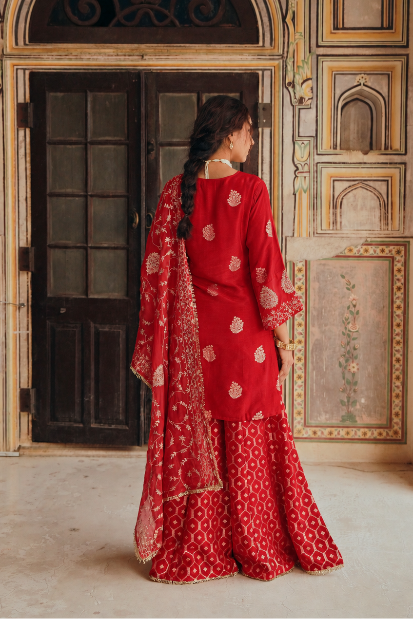 Crimson Red Woven Banarsi Silk Sharara Set