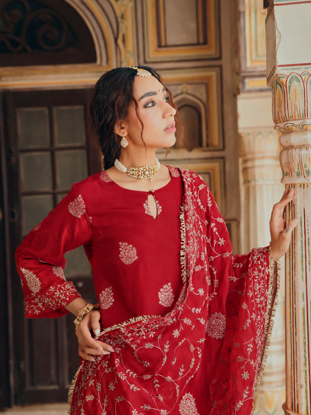 Red Embellished Pure Banarasi Sharara Set